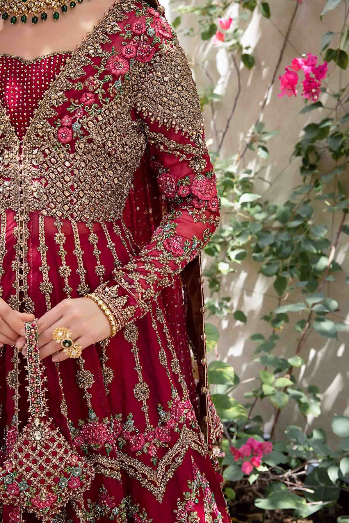 Ruby Red Embellished Organza & Jamawar Bridal Lehenga (4-Piece) - Image 8