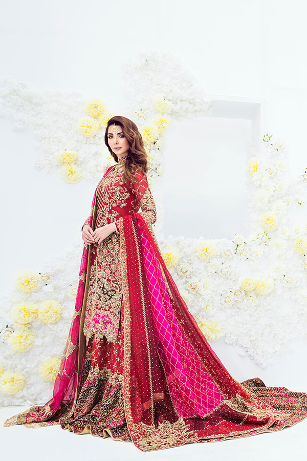 Indian Red Embellished Organza Bridal Lehenga (3-Piece) - Image 2