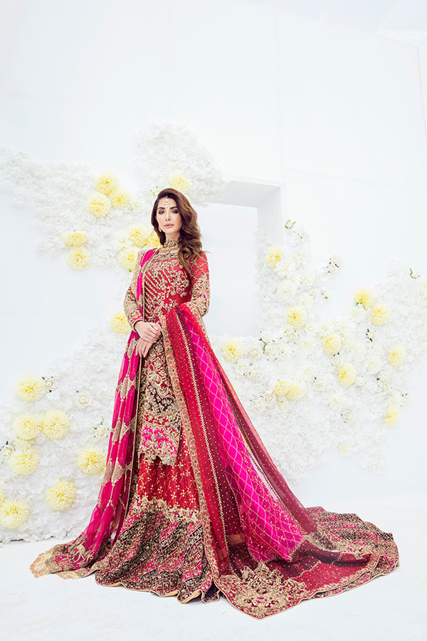 Indian Red Embellished Organza Bridal Lehenga (3-Piece) - Image 3
