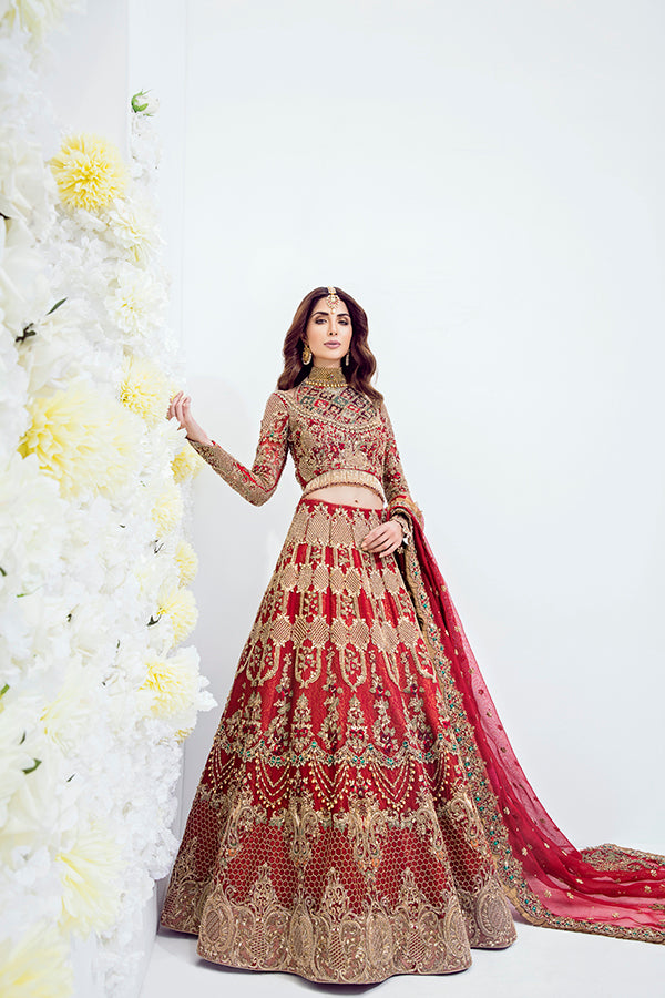 Pakistani Red Embroidered Organza Lehenga (3-Piece) - Image 2