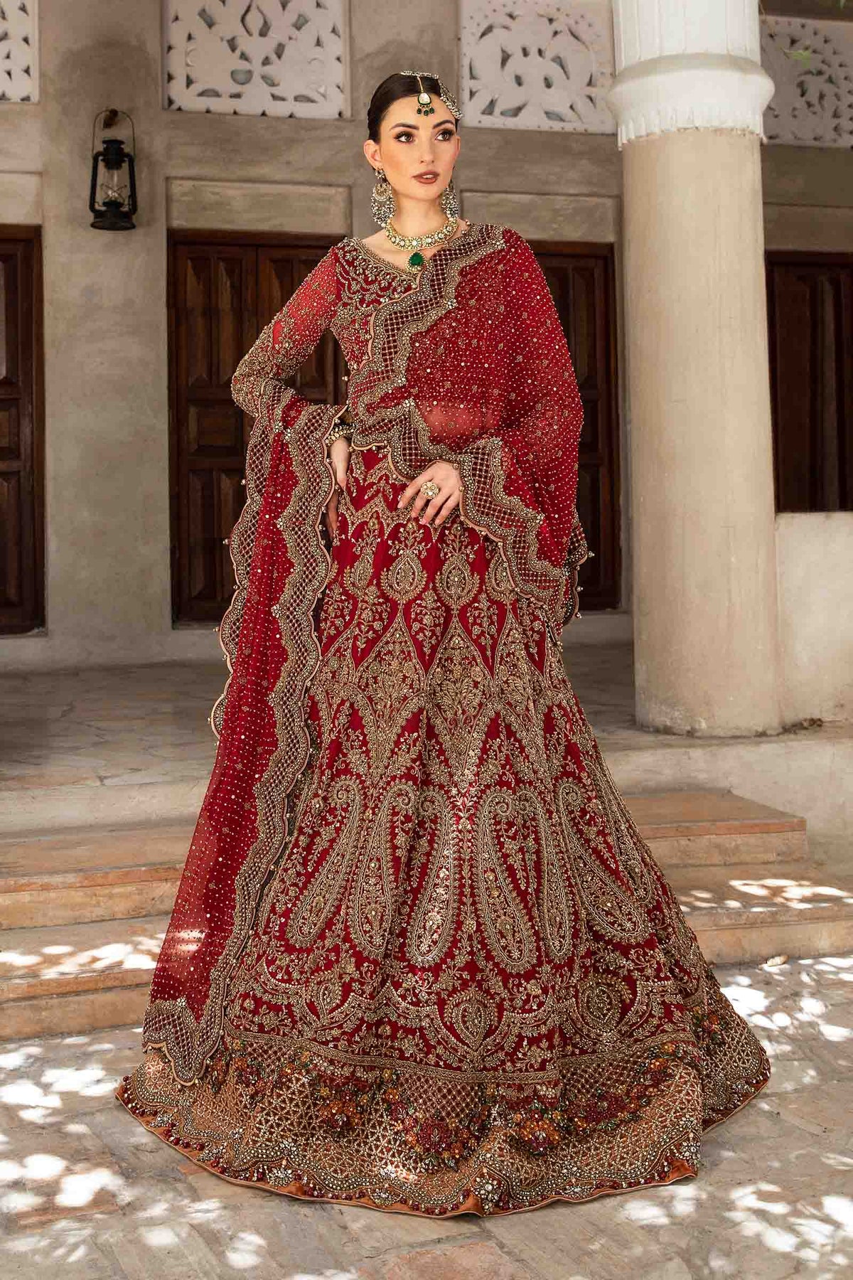 Pakistani Deep Red Kundan Zari Pure Organza Bridal Lehenga (3-Piece) - Image 1