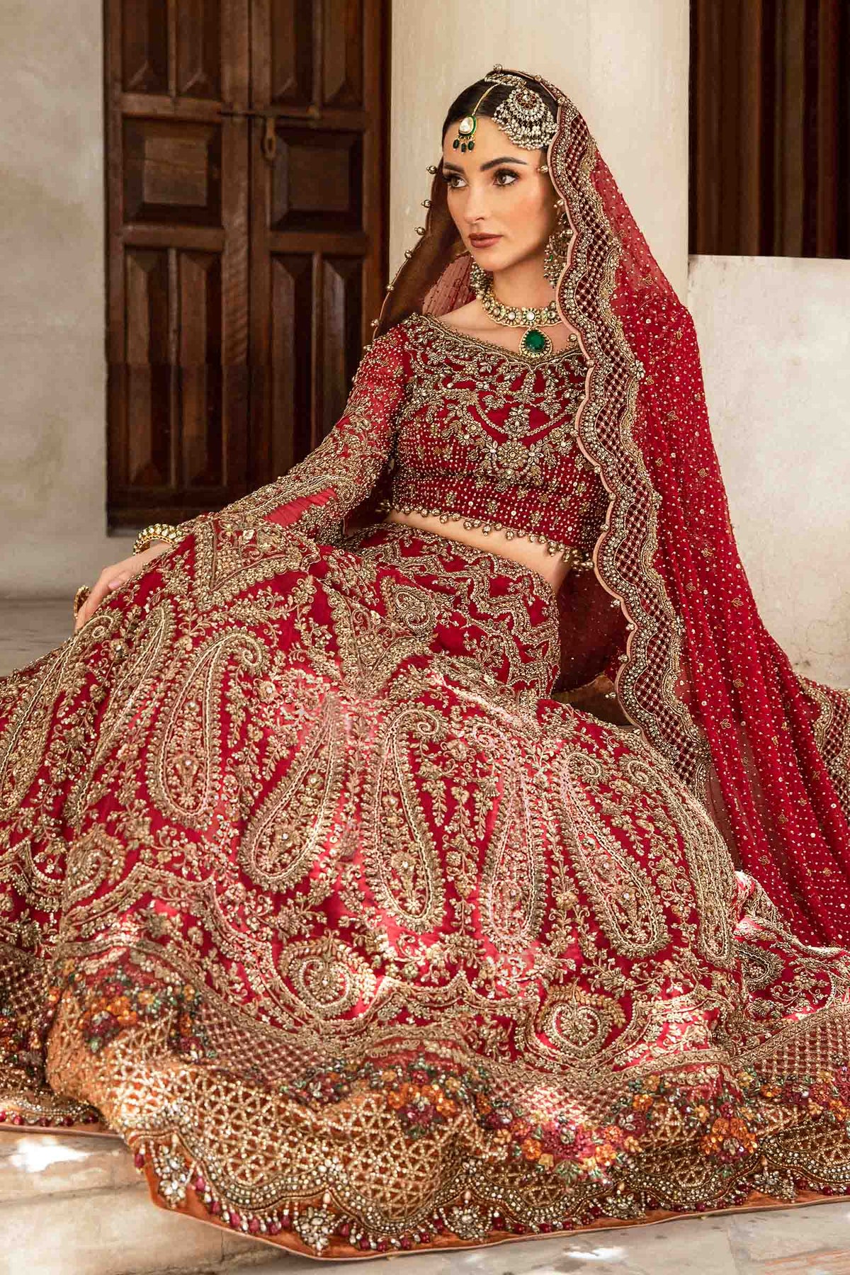 Pakistani Deep Red Kundan Zari Pure Organza Bridal Lehenga (3-Piece) - Image 2