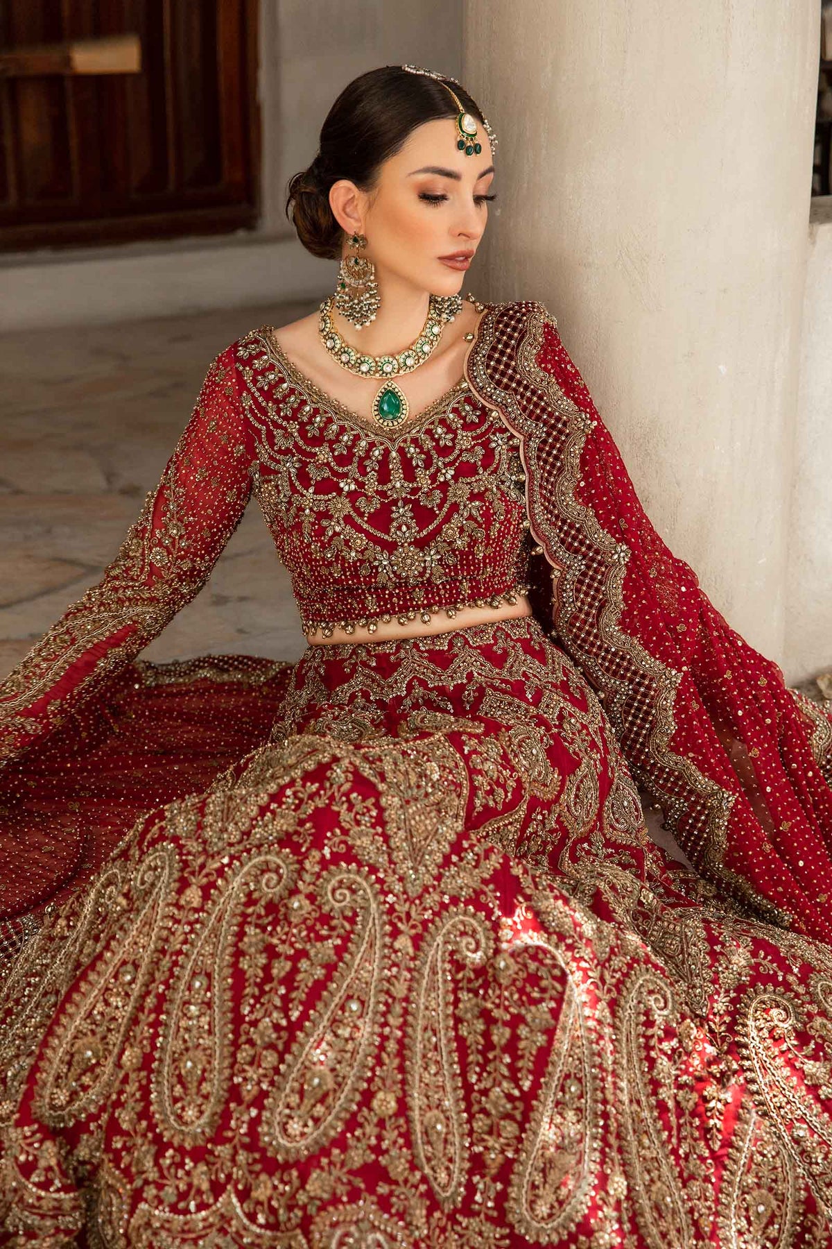 Pakistani Deep Red Kundan Zari Pure Organza Bridal Lehenga (3-Piece) - Image 3