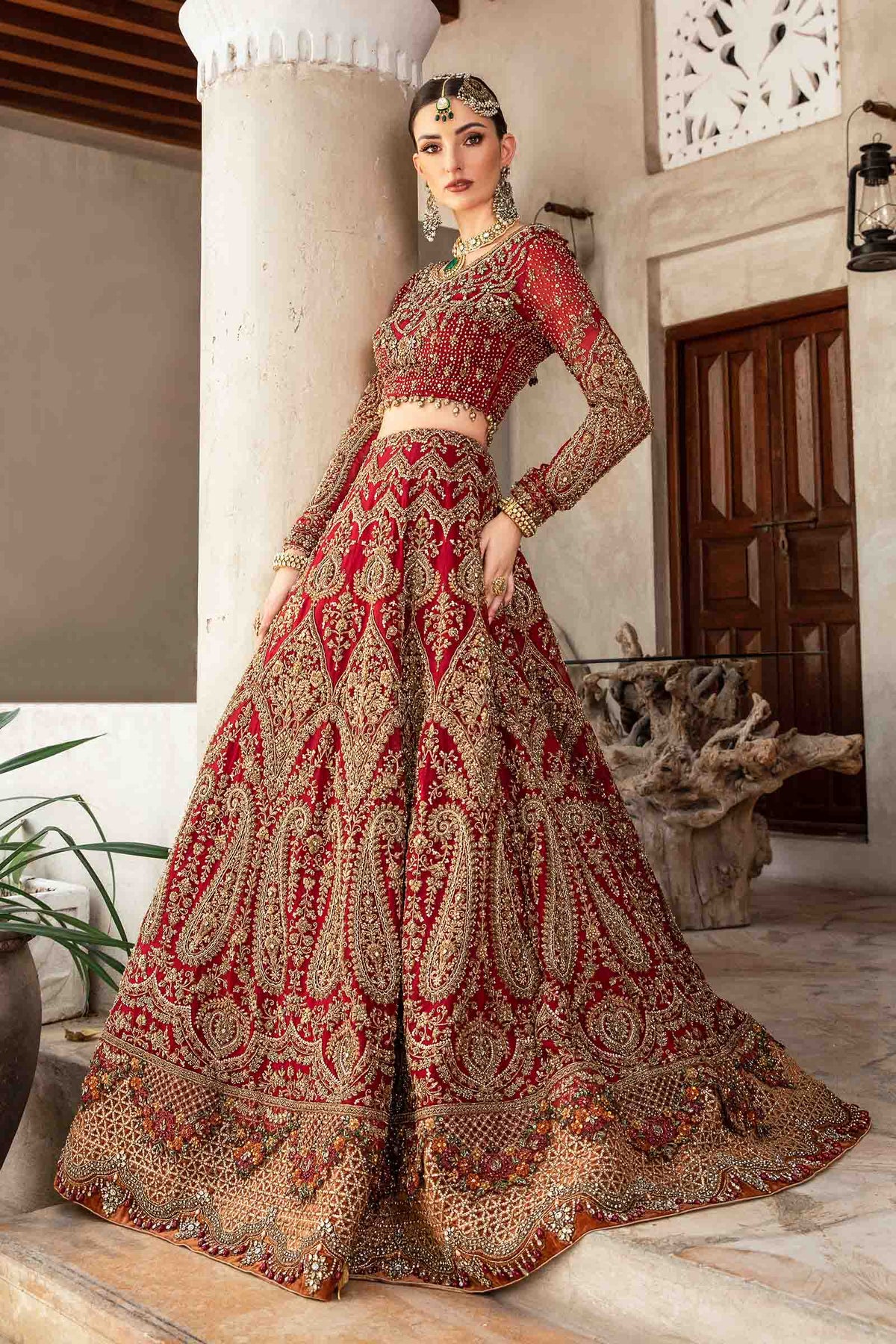 Pakistani Deep Red Kundan Zari Pure Organza Bridal Lehenga (3-Piece) - Image 5