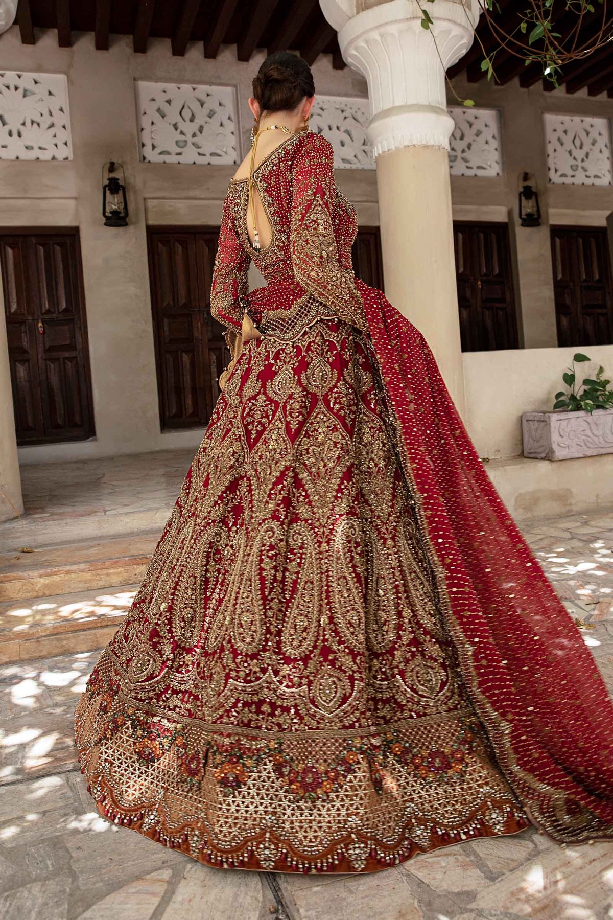 Pakistani Deep Red Kundan Zari Pure Organza Bridal Lehenga (3-Piece) - Image 6