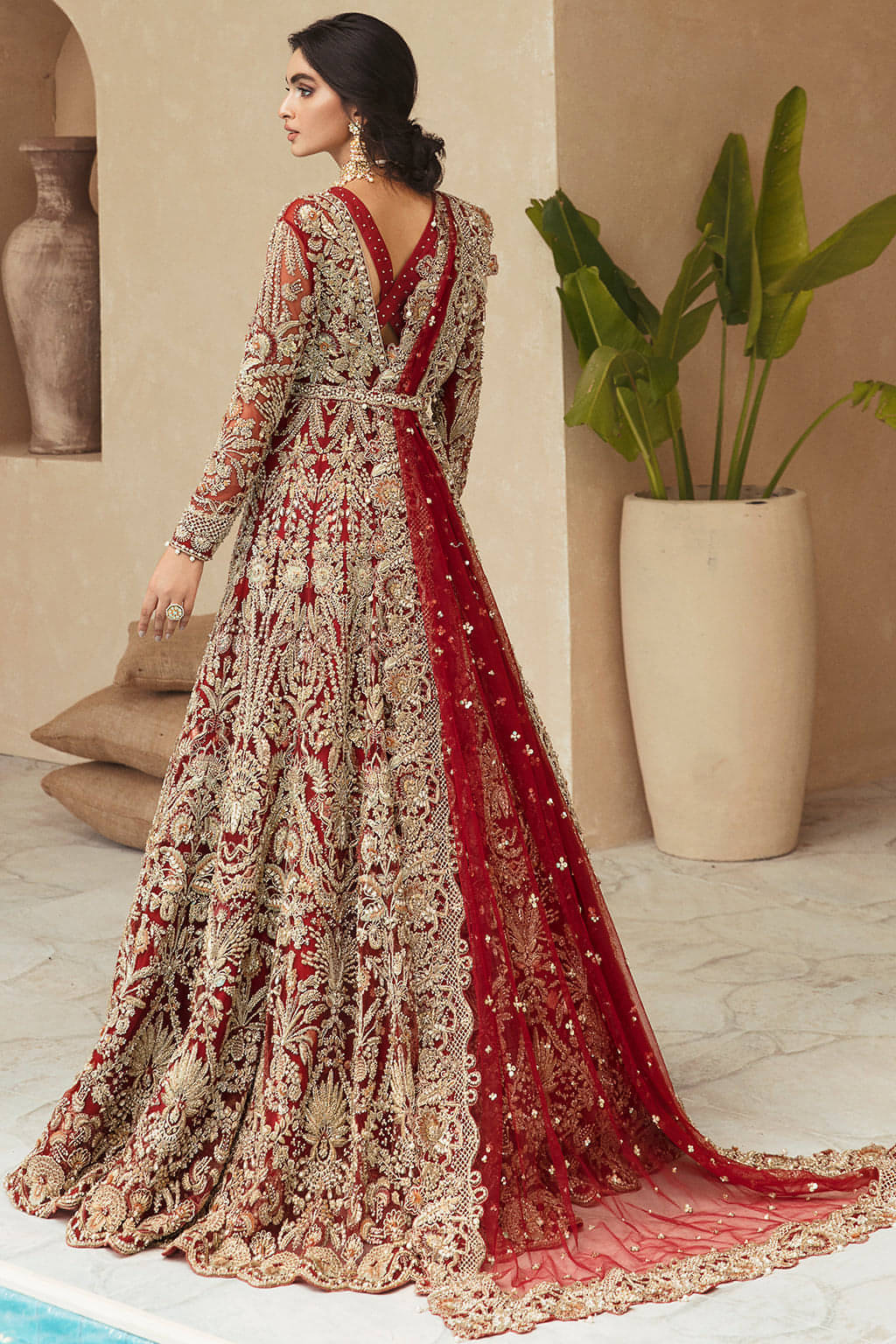 Barn Red Embellished Net Gown with Organza Zari Lehenga (3-Piece) - Image 2
