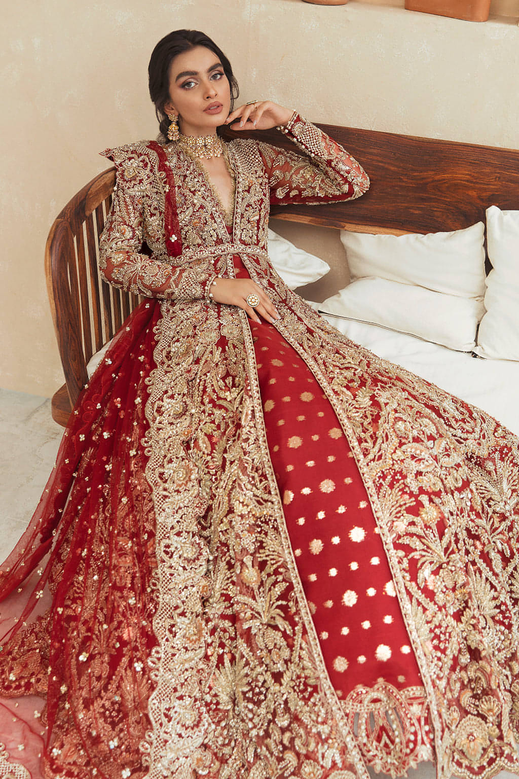 Barn Red Embellished Net Gown with Organza Zari Lehenga (3-Piece) - Image 4