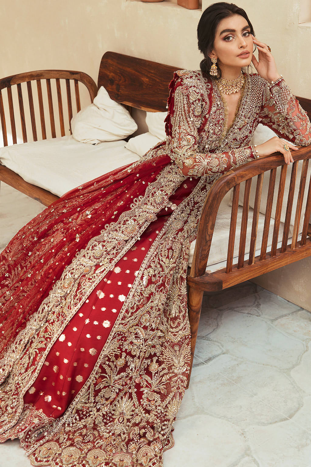 Barn Red Embellished Net Gown with Organza Zari Lehenga (3-Piece) - Image 5