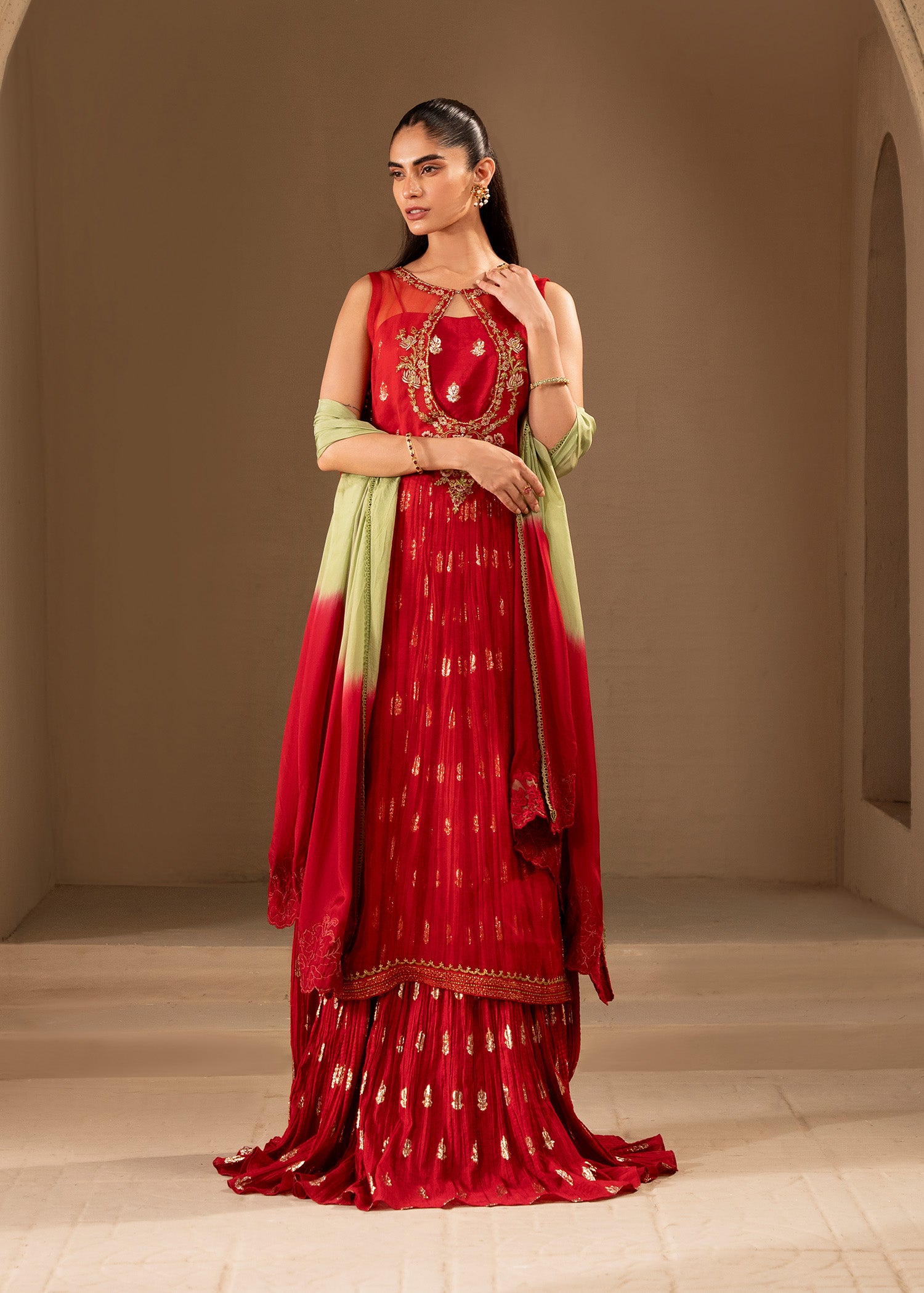 Cherry Red Embroidered Organza & Zari Silk Lehenga (3-Piece) - Image 1