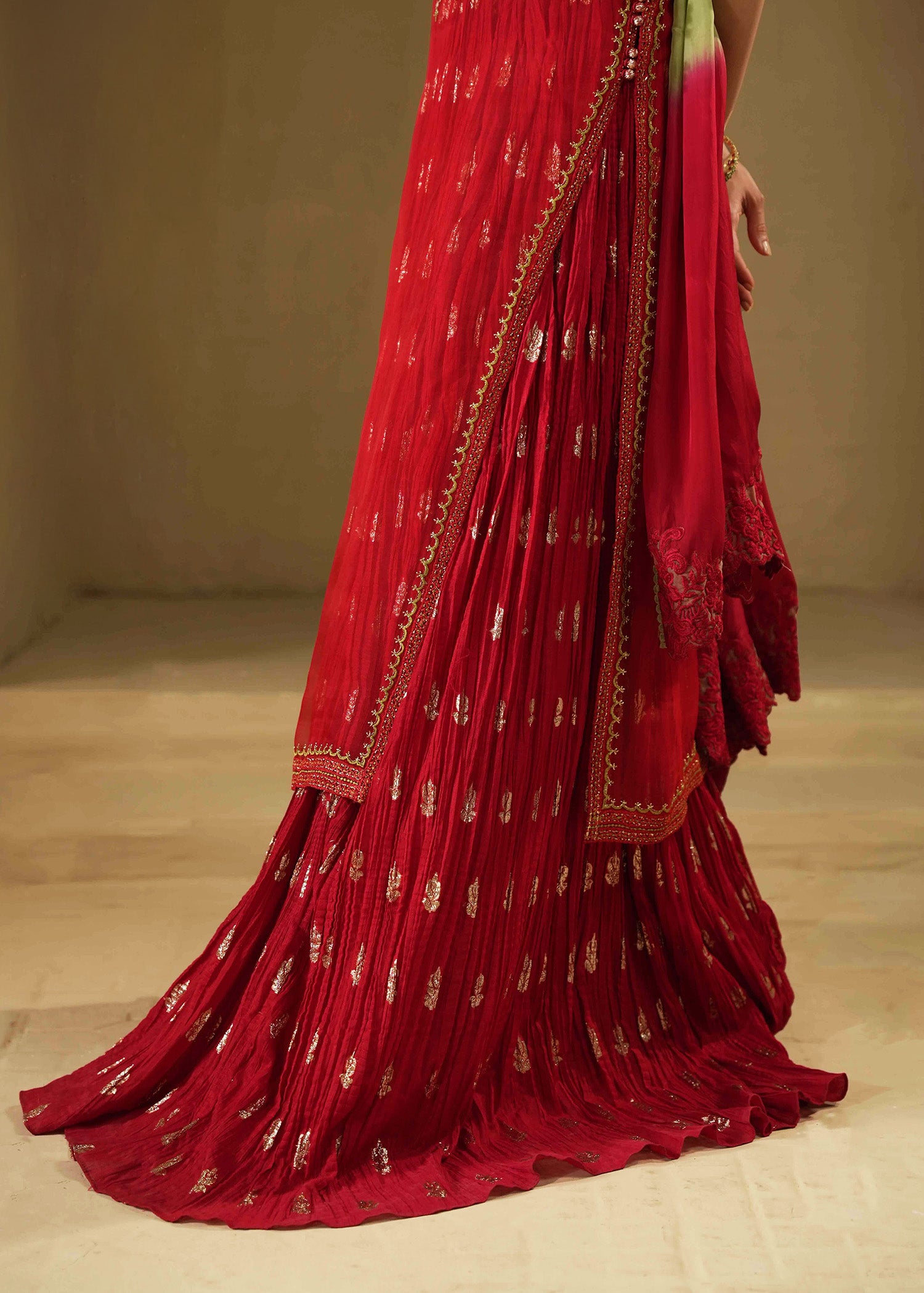 Cherry Red Embroidered Organza & Zari Silk Lehenga (3-Piece) - Image 10