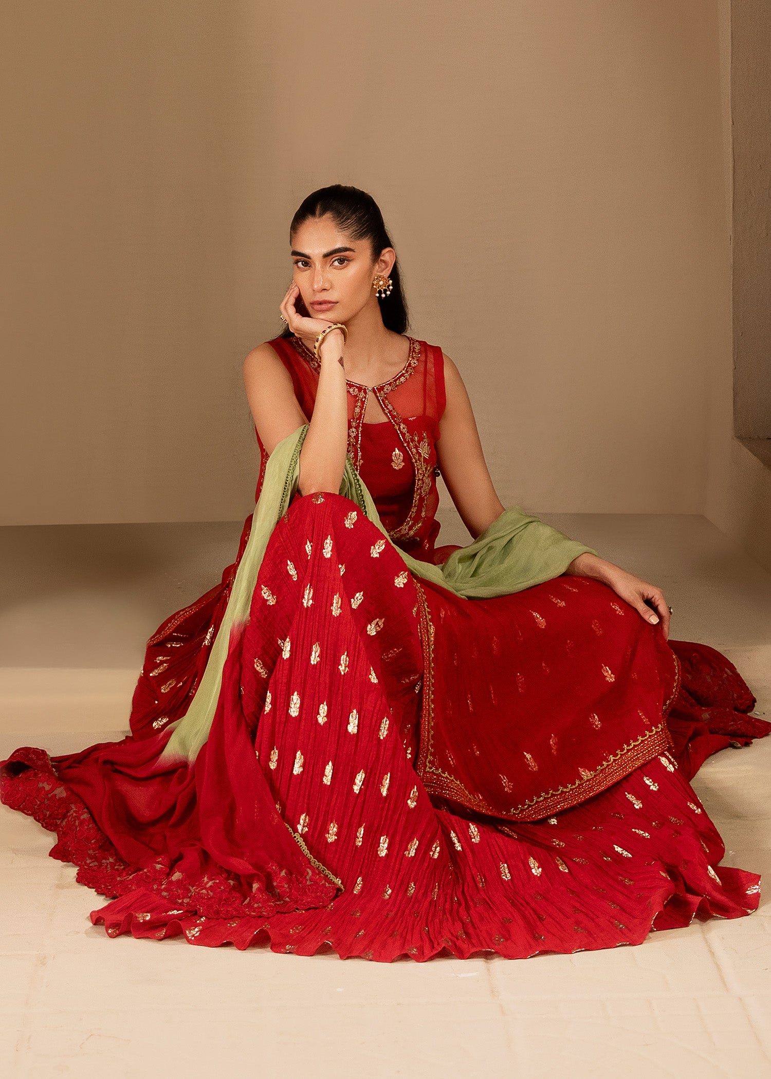 Cherry Red Embroidered Organza & Zari Silk Lehenga (3-Piece) - Image 11