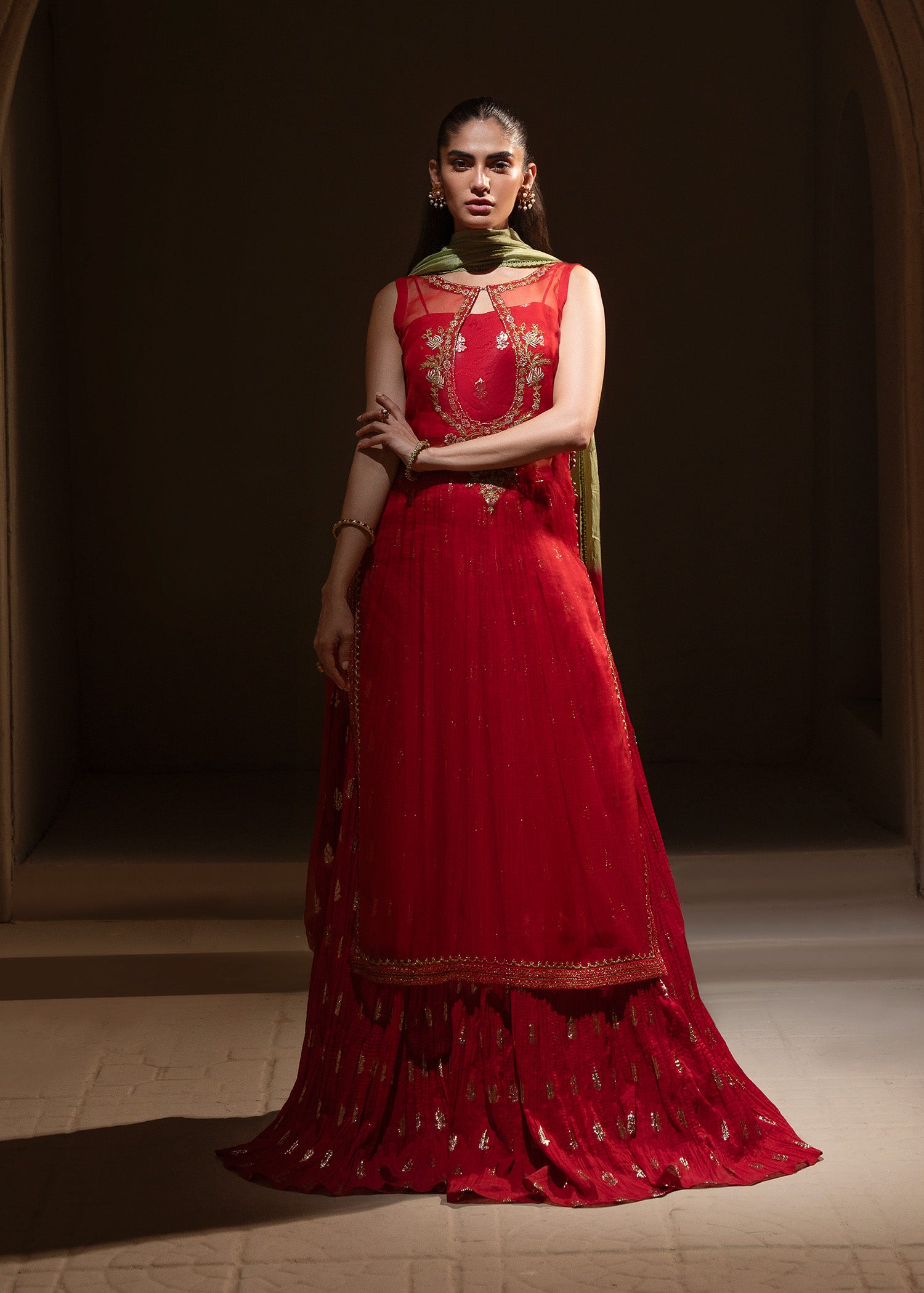 Cherry Red Embroidered Organza & Zari Silk Lehenga (3-Piece) - Image 12