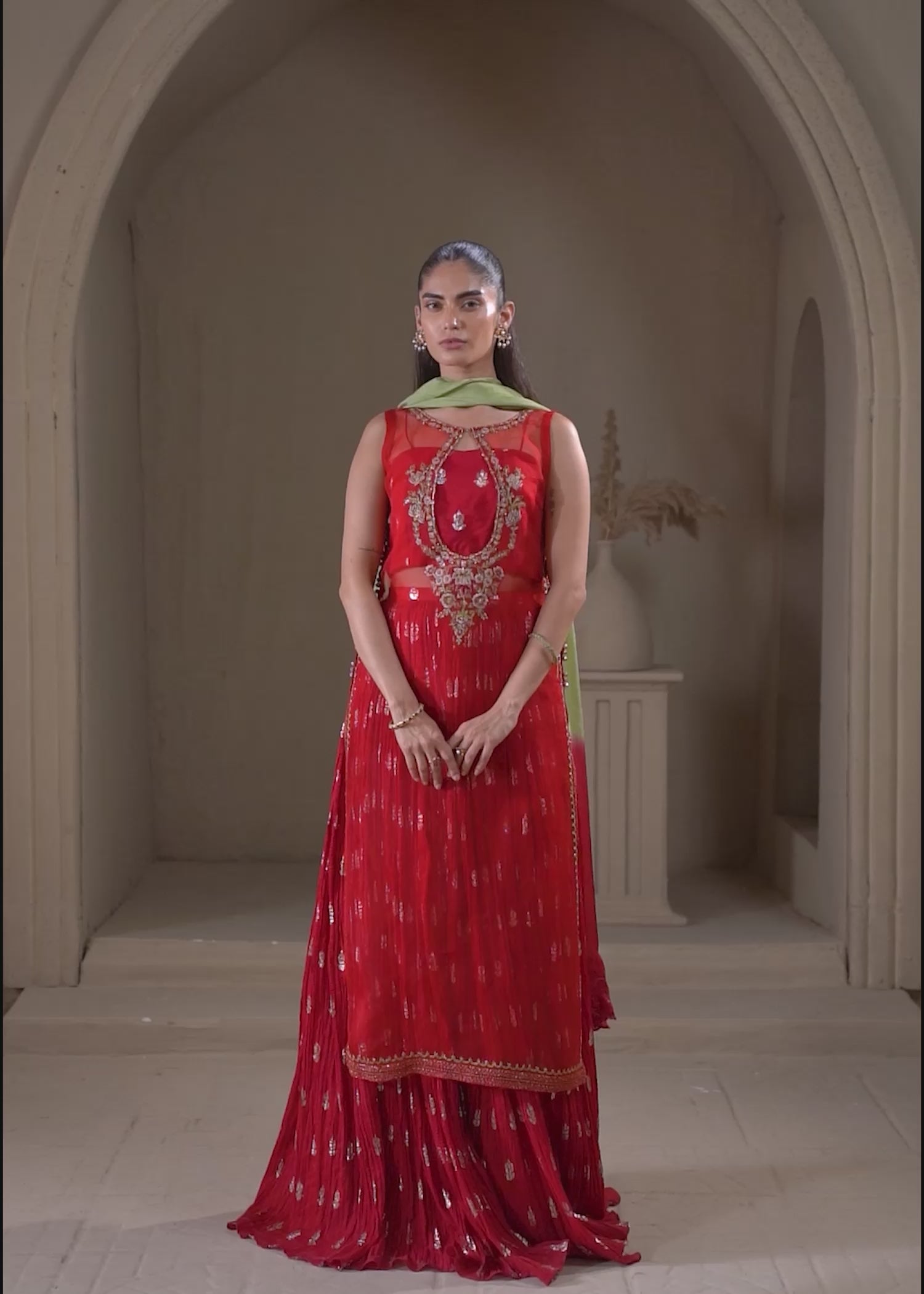 Cherry Red Embroidered Organza & Zari Silk Lehenga (3-Piece) - Image 13
