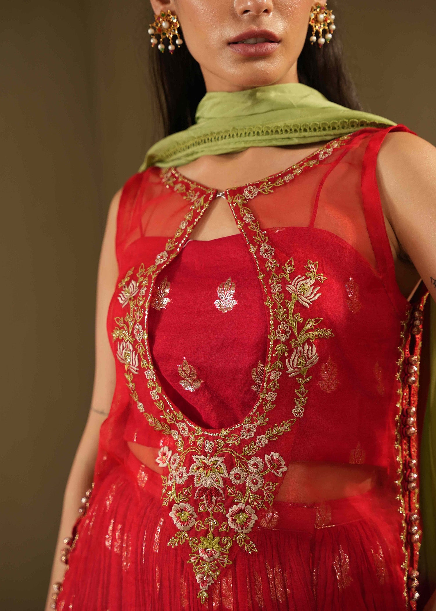 Cherry Red Embroidered Organza & Zari Silk Lehenga (3-Piece) - Image 2