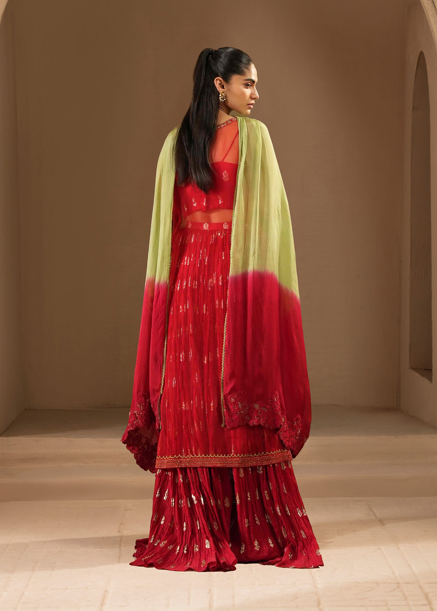 Cherry Red Embroidered Organza & Zari Silk Lehenga (3-Piece) - Image 5
