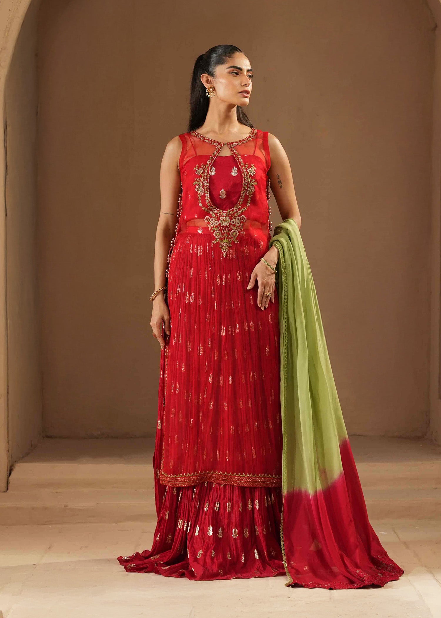 Cherry Red Embroidered Organza & Zari Silk Lehenga (3-Piece) - Image 6