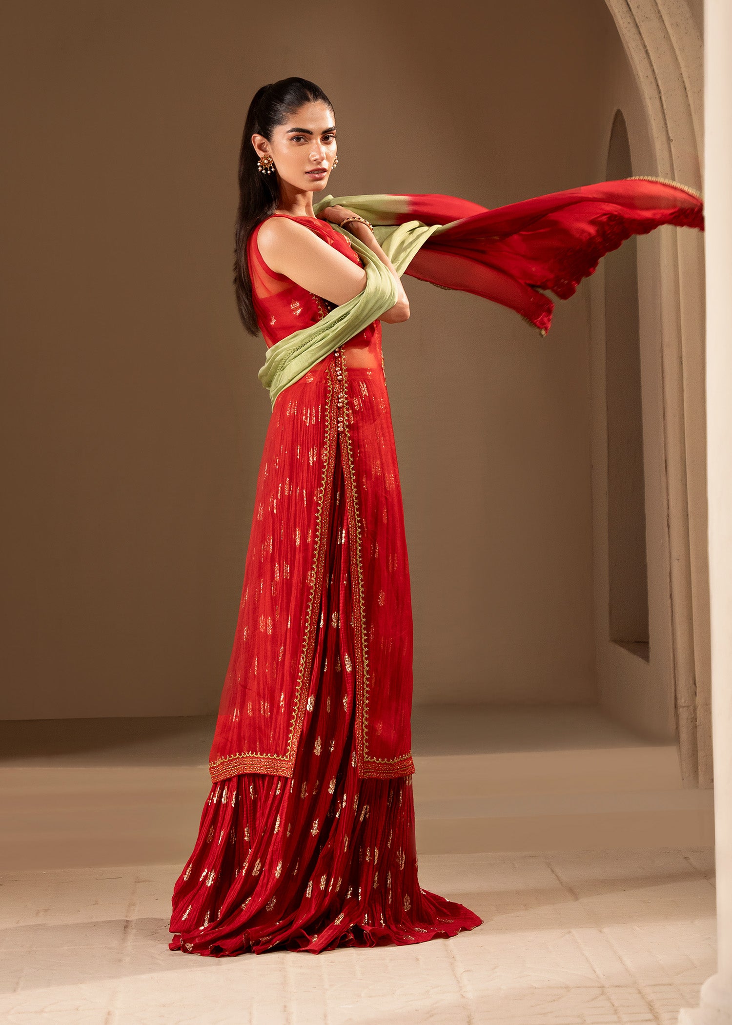 Cherry Red Embroidered Organza & Zari Silk Lehenga (3-Piece) - Image 7