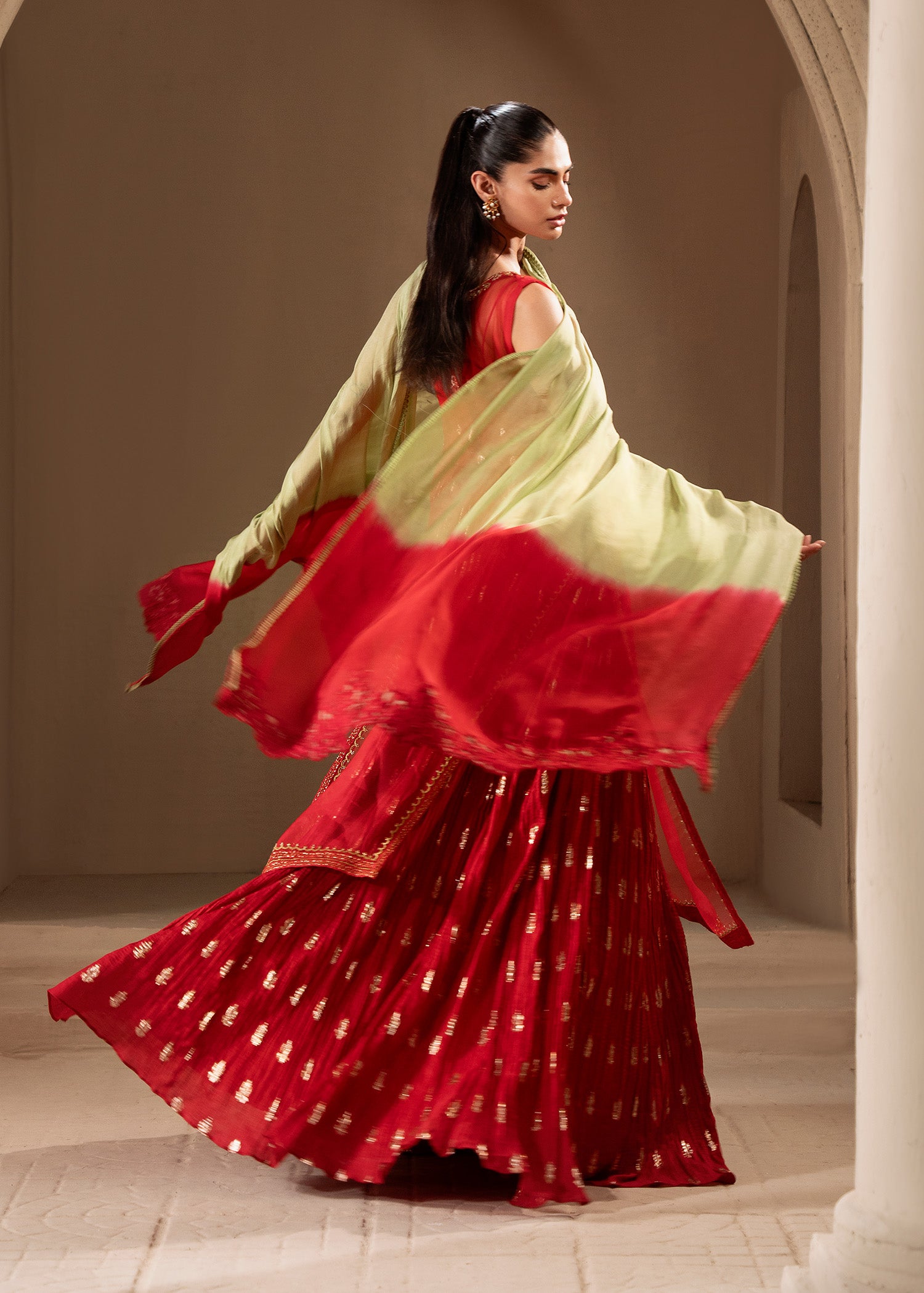 Cherry Red Embroidered Organza & Zari Silk Lehenga (3-Piece) - Image 8