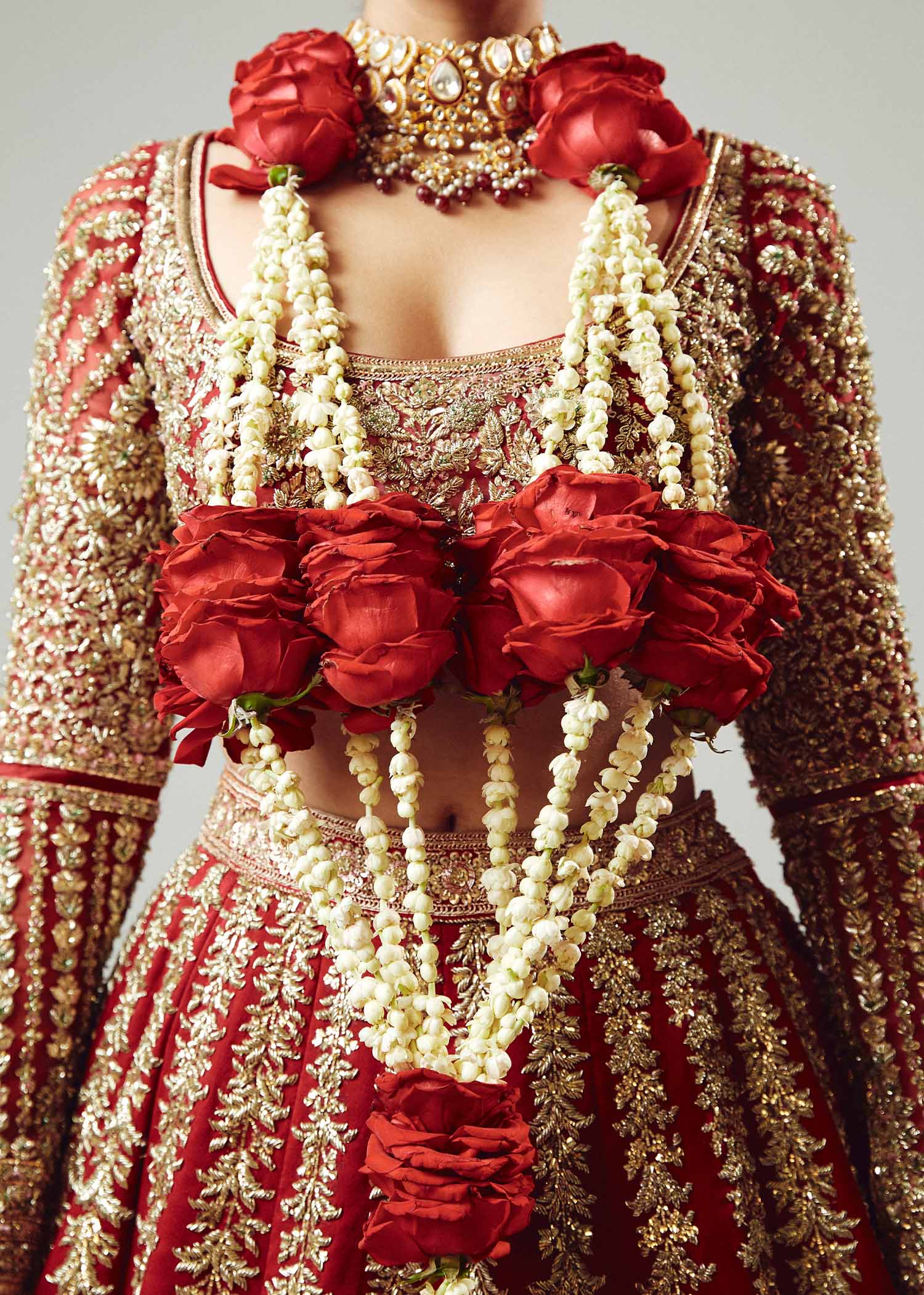 Pakistani Red Adda Work Organza & Satin Silk Lehenga (3-Piece) - Image 11