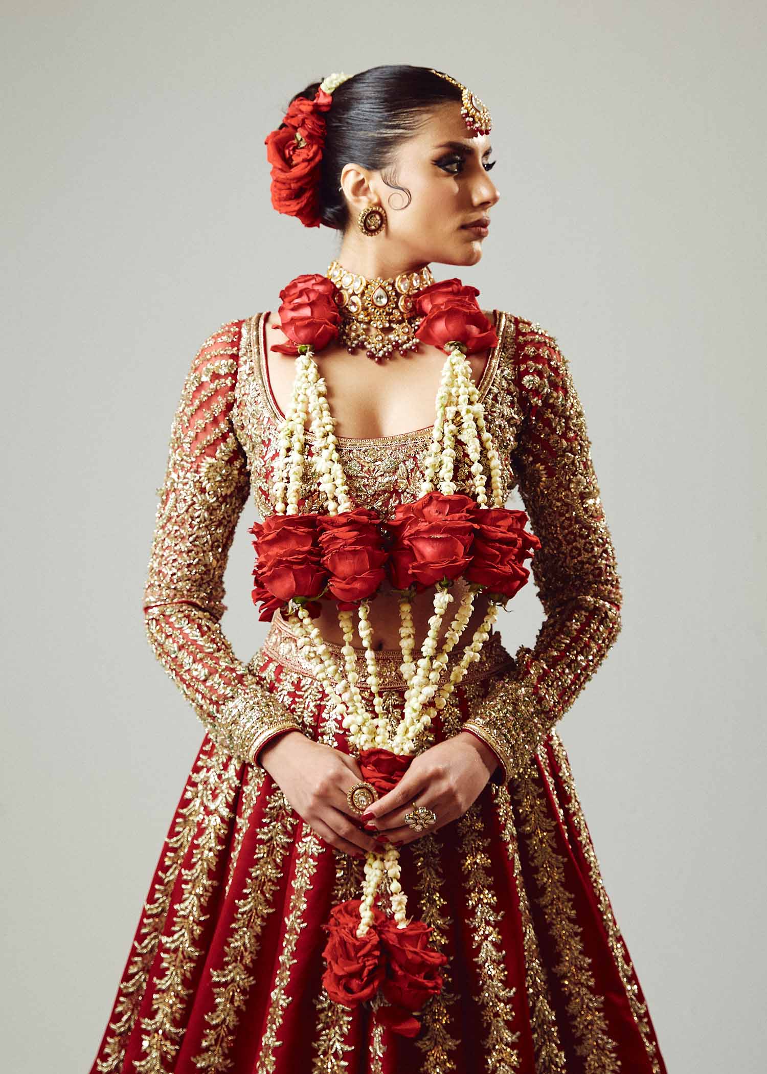 Pakistani Red Adda Work Organza & Satin Silk Lehenga (3-Piece) - Image 3