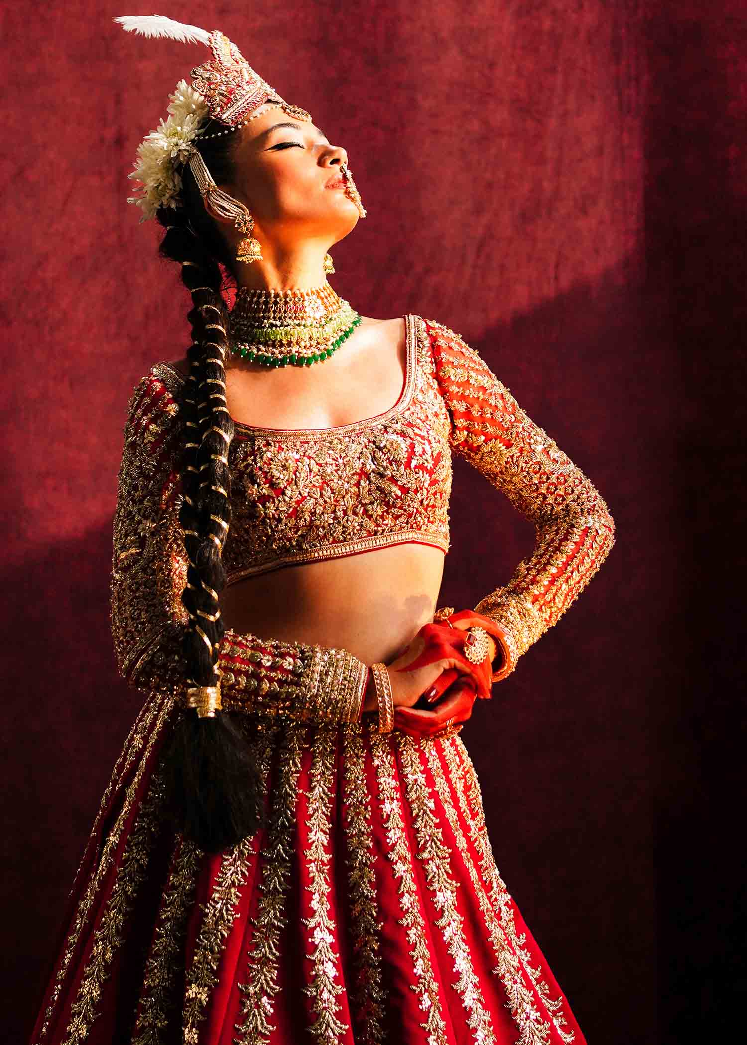 Pakistani Red Adda Work Organza & Satin Silk Lehenga (3-Piece) - Image 6