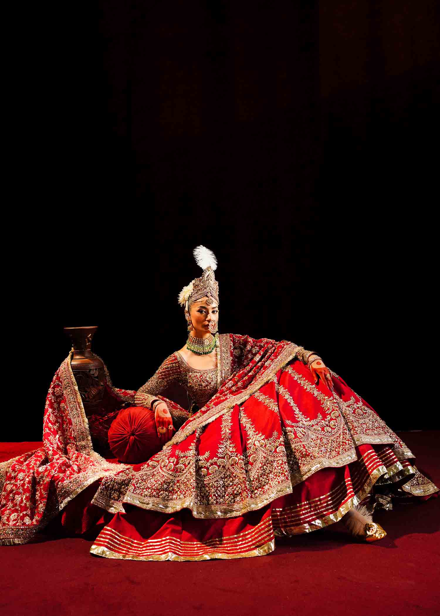 Pakistani Red Adda Work Organza & Satin Silk Lehenga (3-Piece) - Image 7