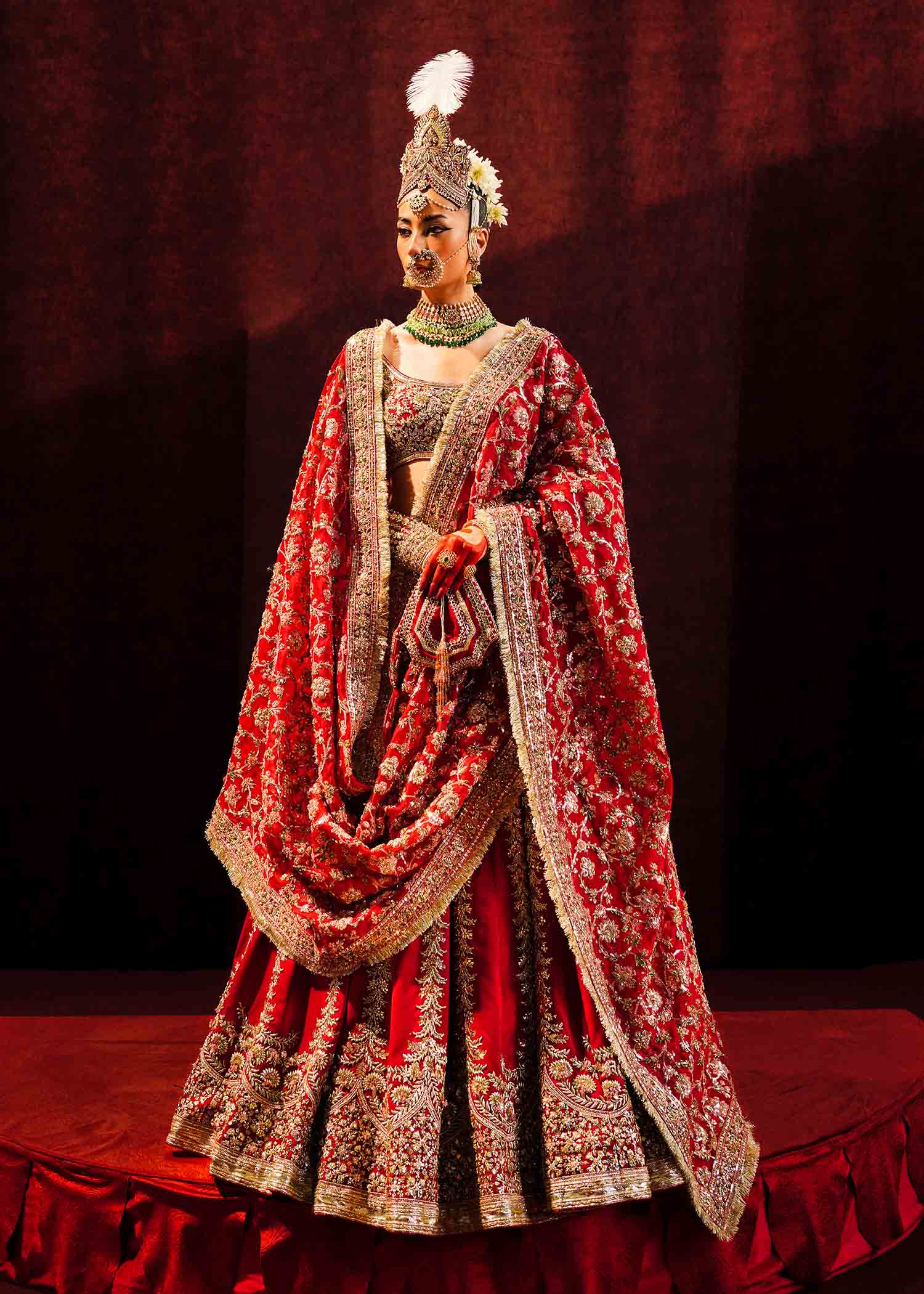 Pakistani Red Adda Work Organza & Satin Silk Lehenga (3-Piece) - Image 8