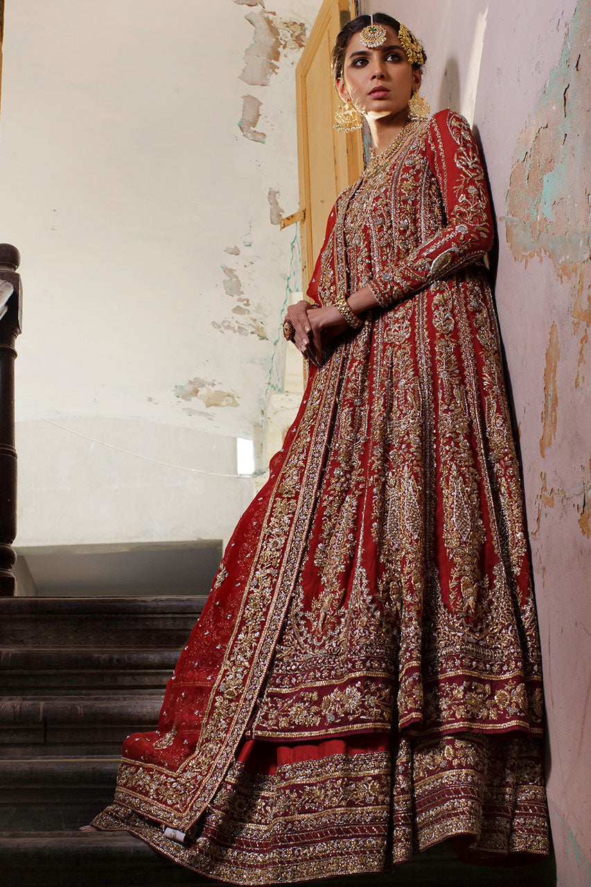 Red Zardozi Organza Kalidaar with Silk Lehenga (3-Piece) - Image 1