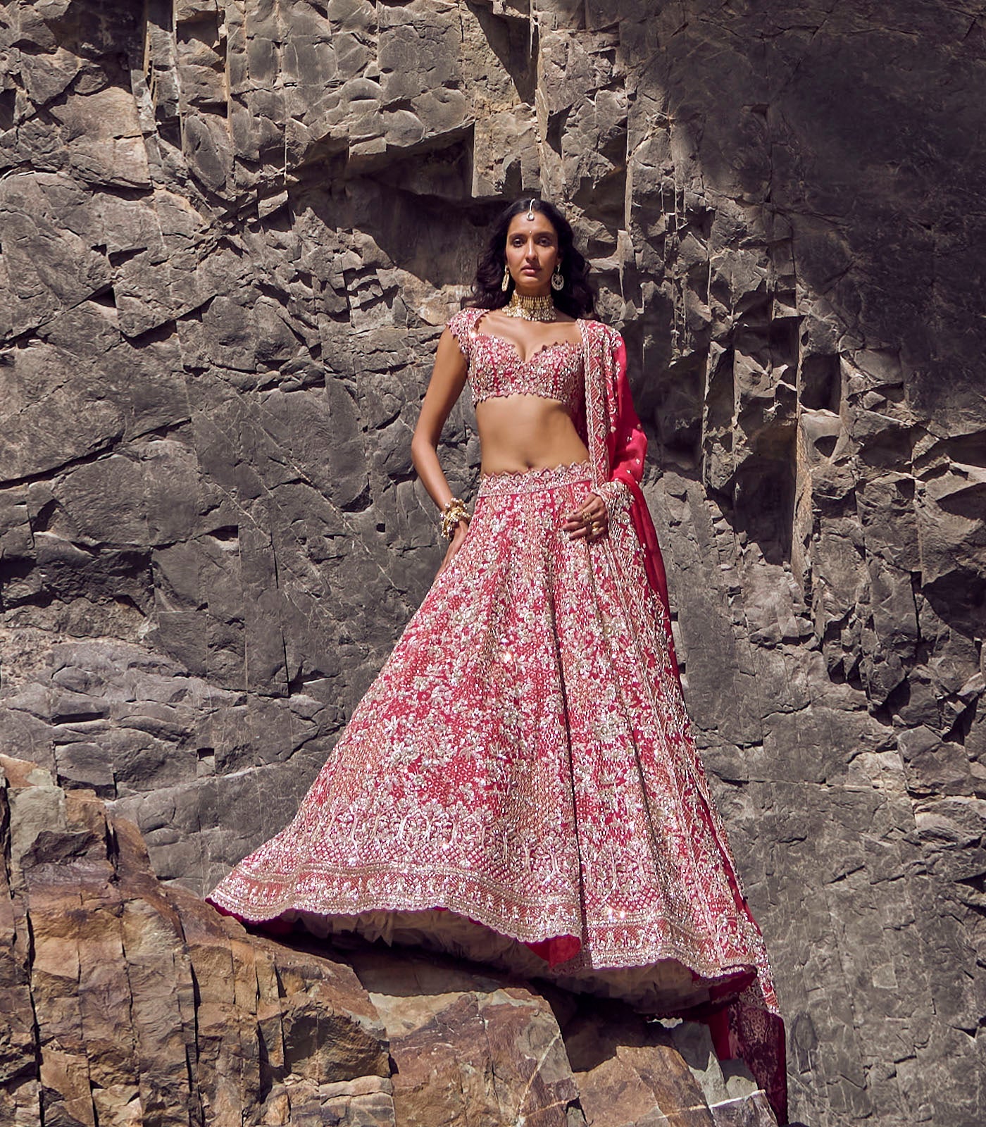 Cherry Red Embroidered Organza Bridal Lehenga (3-Piece) - Image 1
