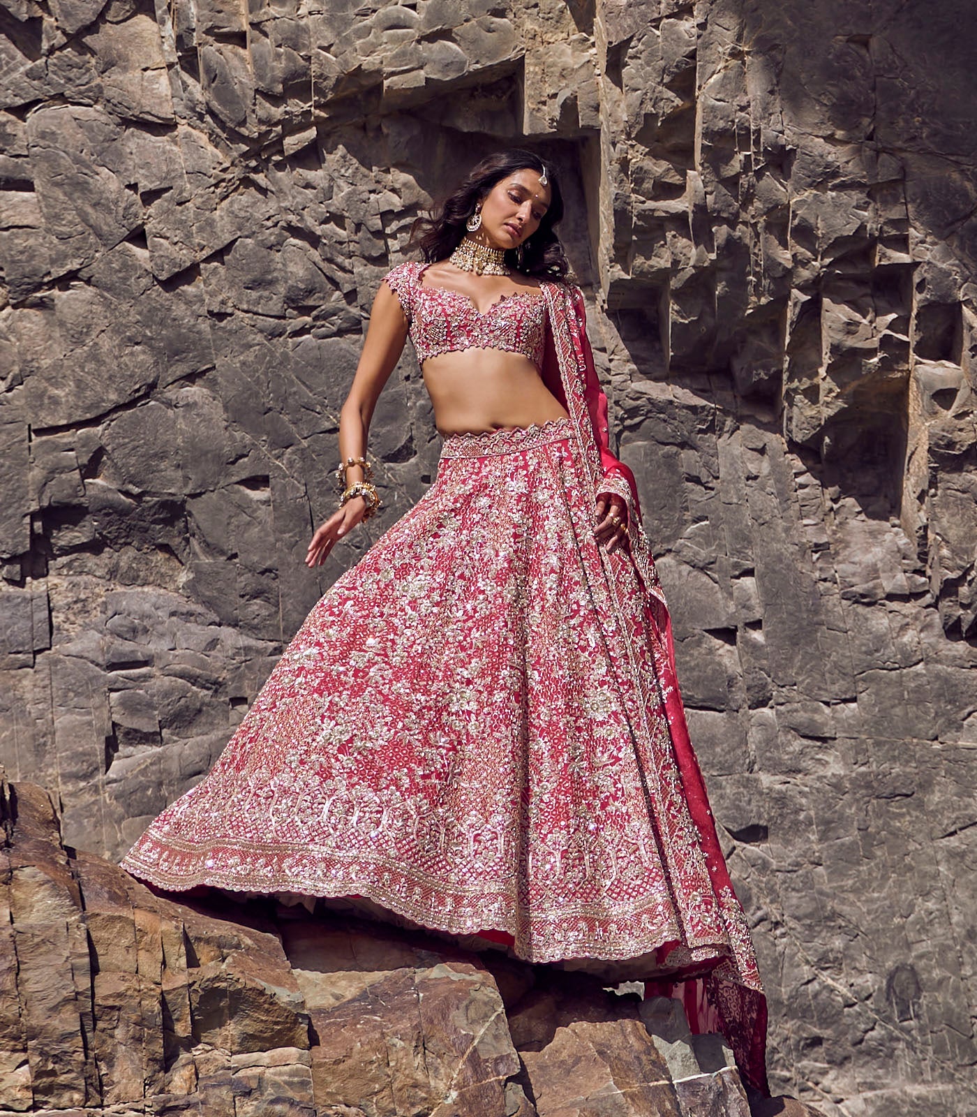 Cherry Red Embroidered Organza Bridal Lehenga (3-Piece) - Image 2