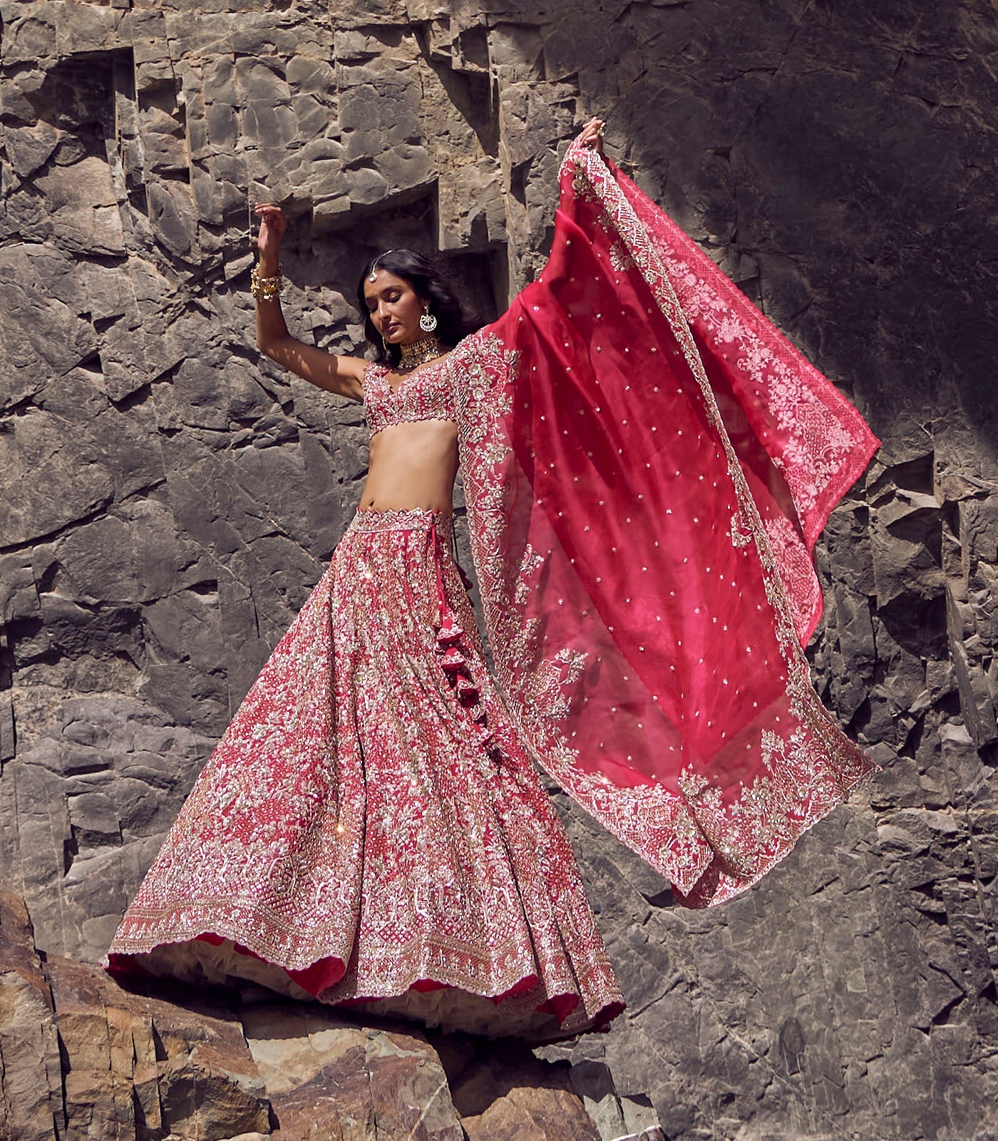Cherry Red Embroidered Organza Bridal Lehenga (3-Piece) - Image 3