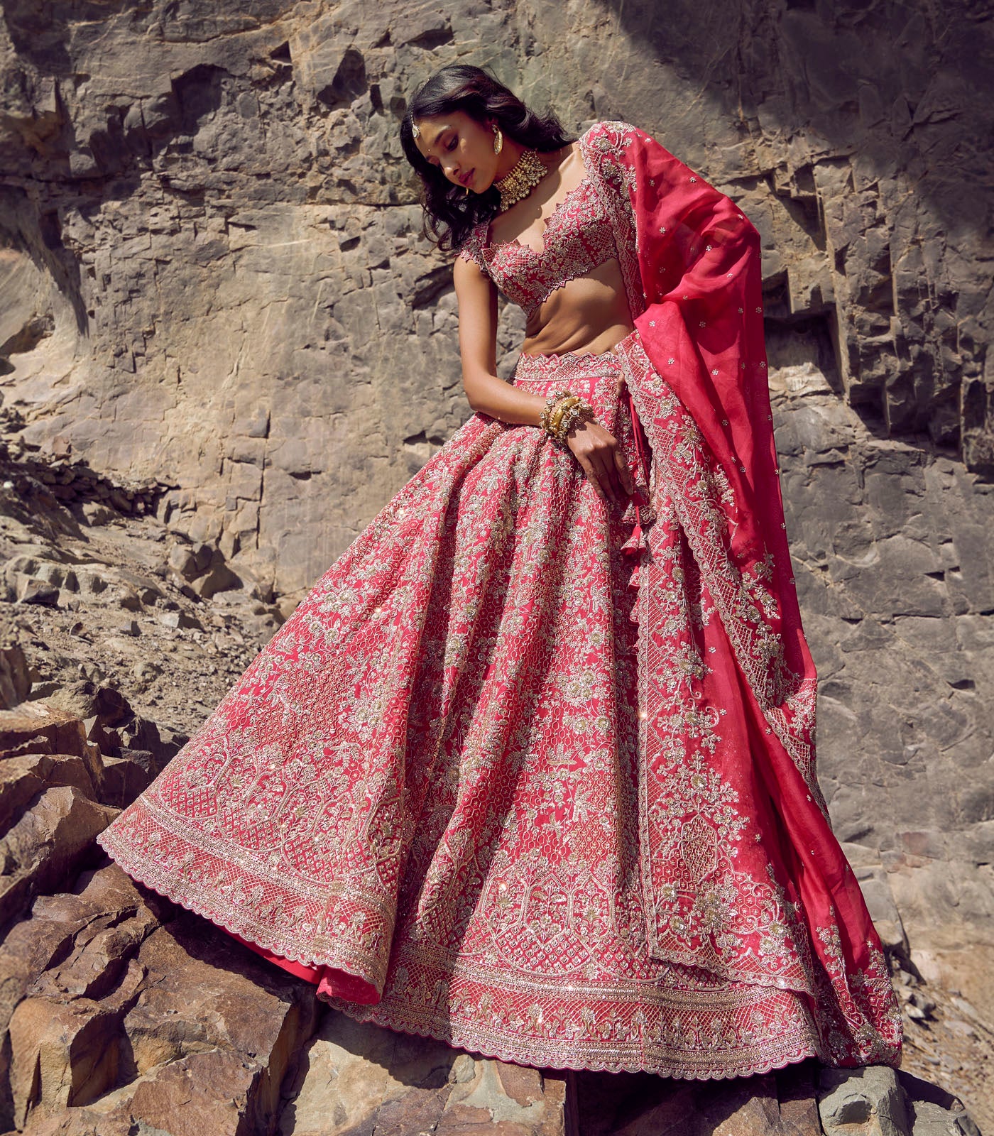 Cherry Red Embroidered Organza Bridal Lehenga (3-Piece) - Image 4