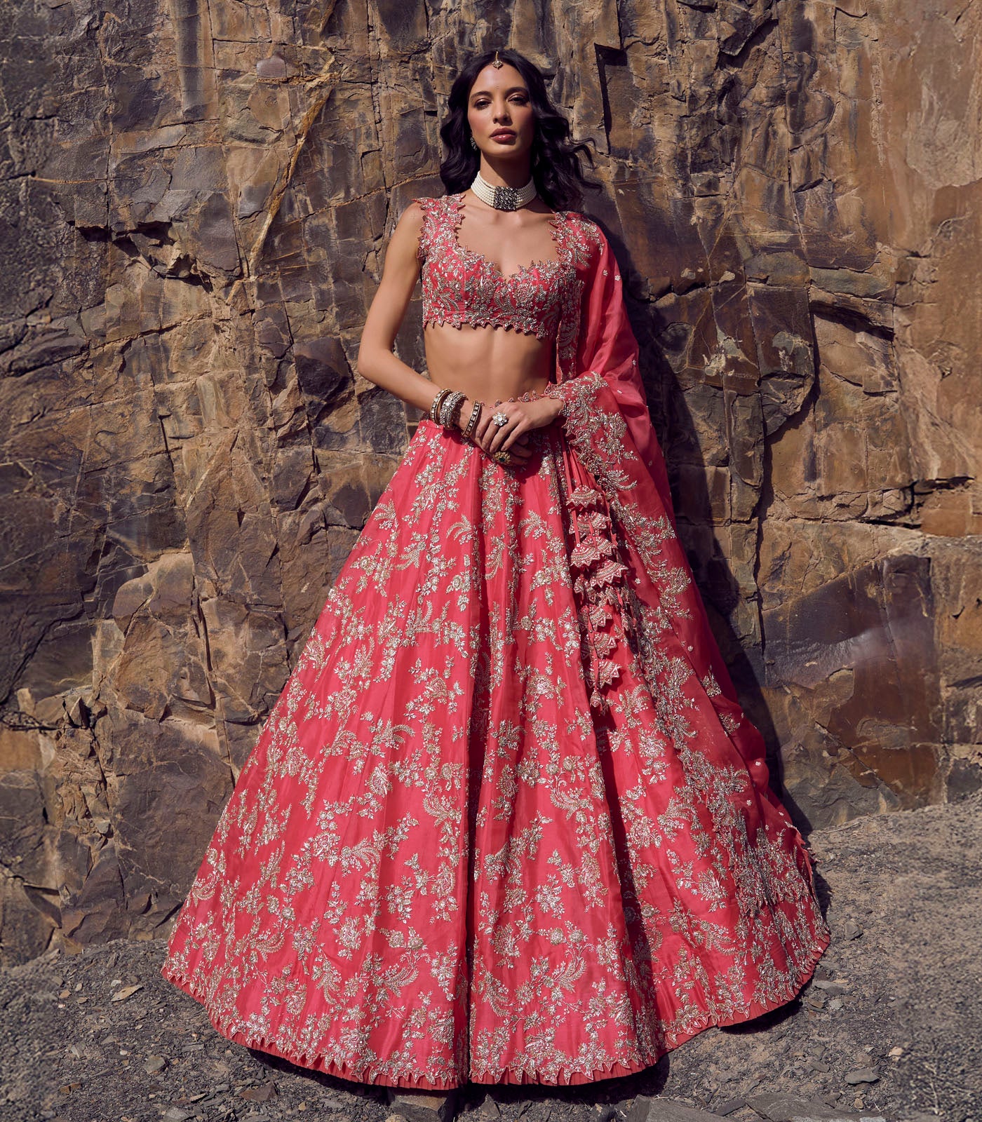 Indian Ruby Red Embroidered Organza Lehenga Set (3-Piece) - Image 1