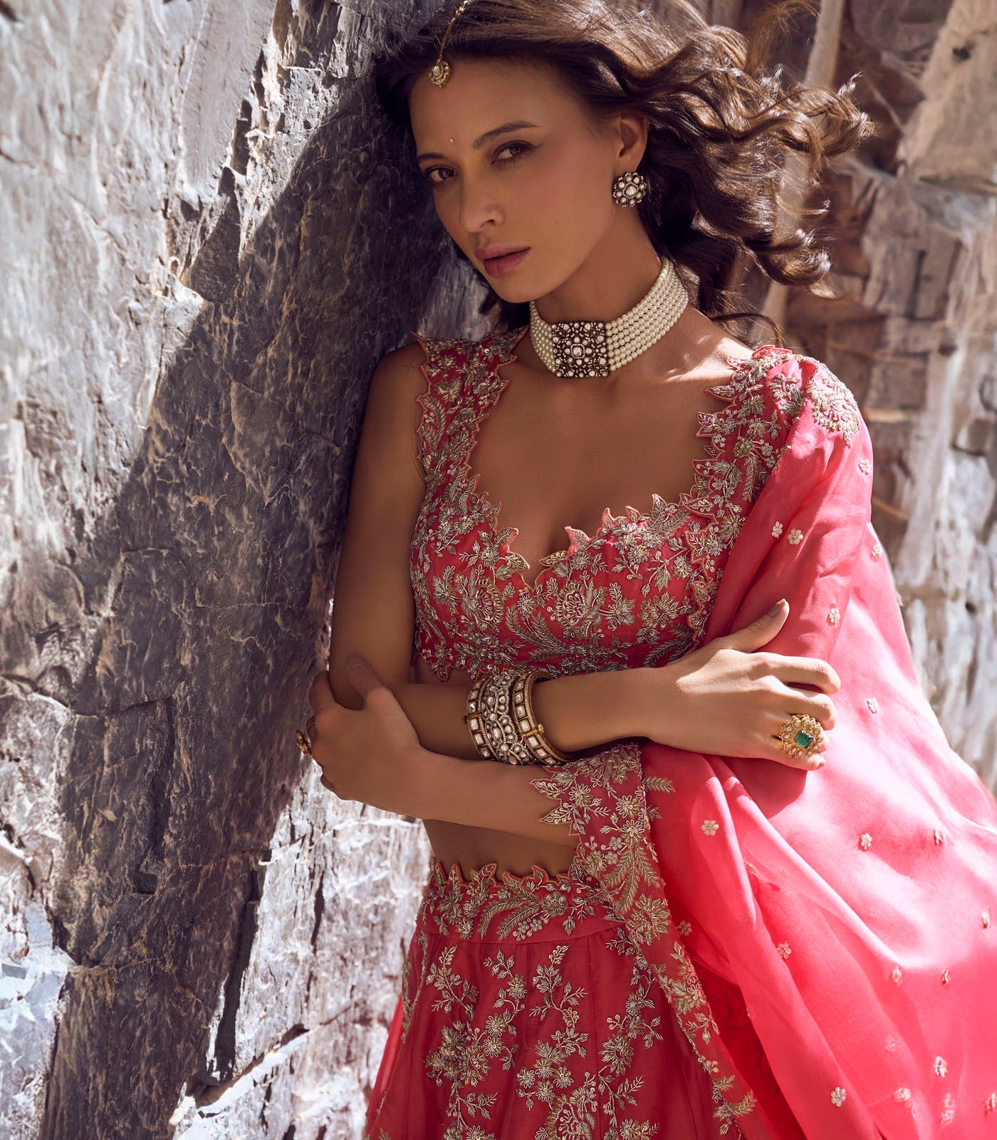 Indian Ruby Red Embroidered Organza Lehenga Set (3-Piece) - Image 2