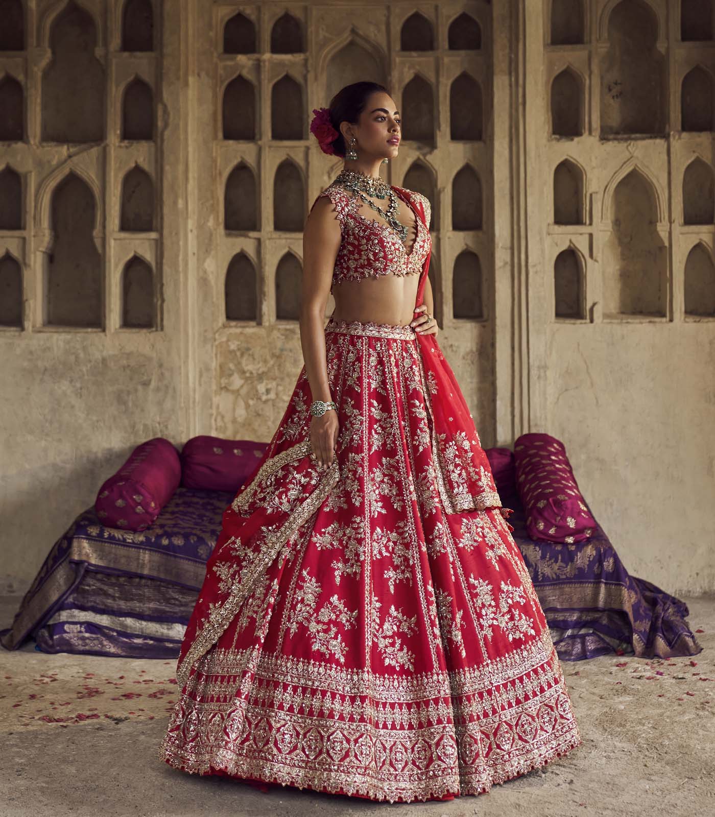 Indian Red Embroidered Organza Bridal Lehenga (3-Piece) - Image 2