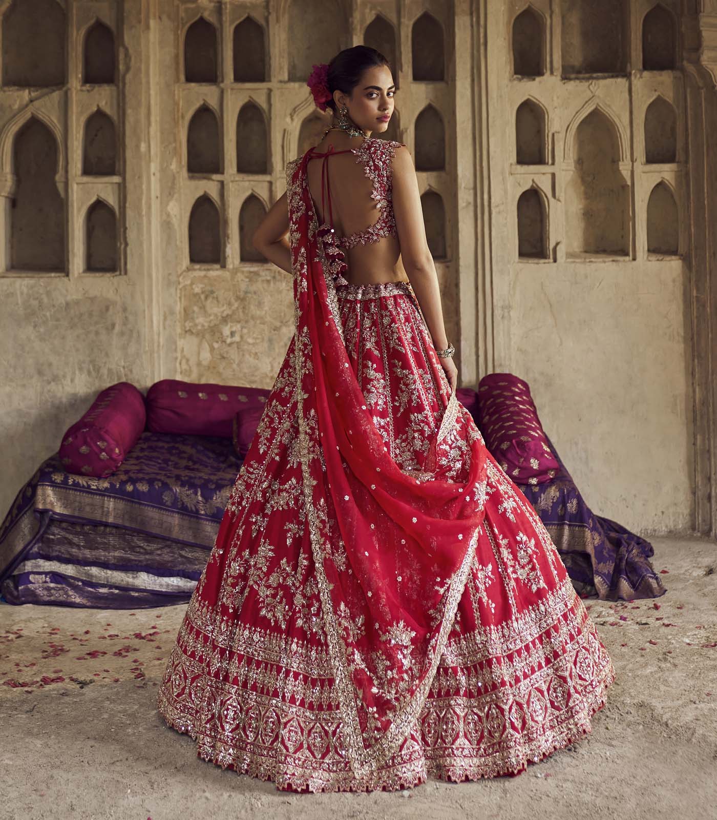 Indian Red Embroidered Organza Bridal Lehenga (3-Piece) - Image 3