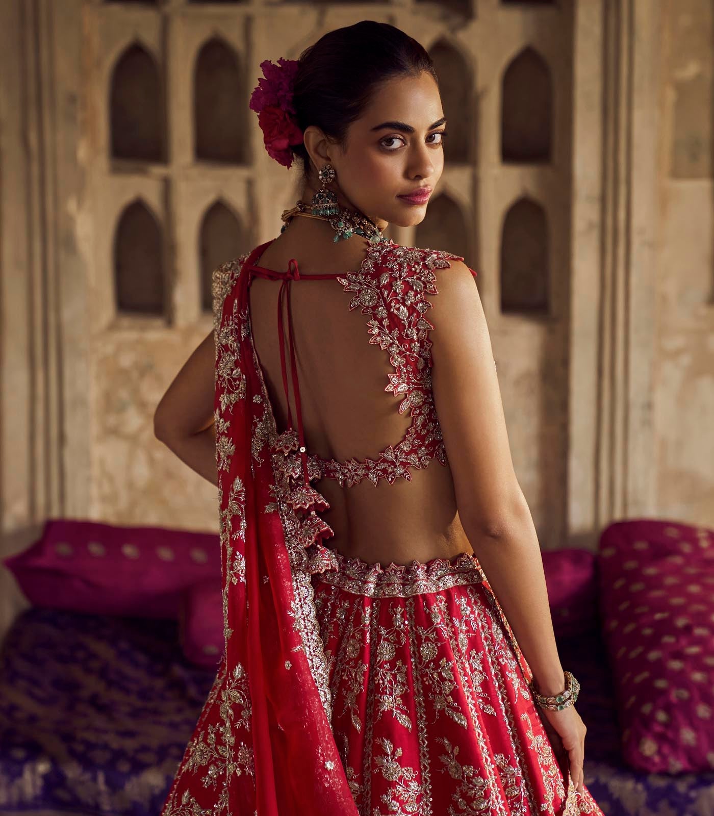 Indian Red Embroidered Organza Bridal Lehenga (3-Piece) - Image 4