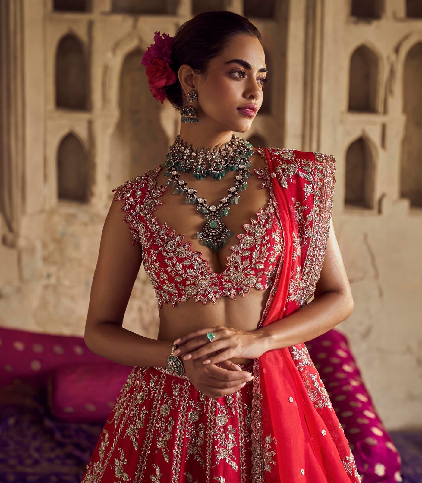 Indian Red Embroidered Organza Bridal Lehenga (3-Piece) - Image 5