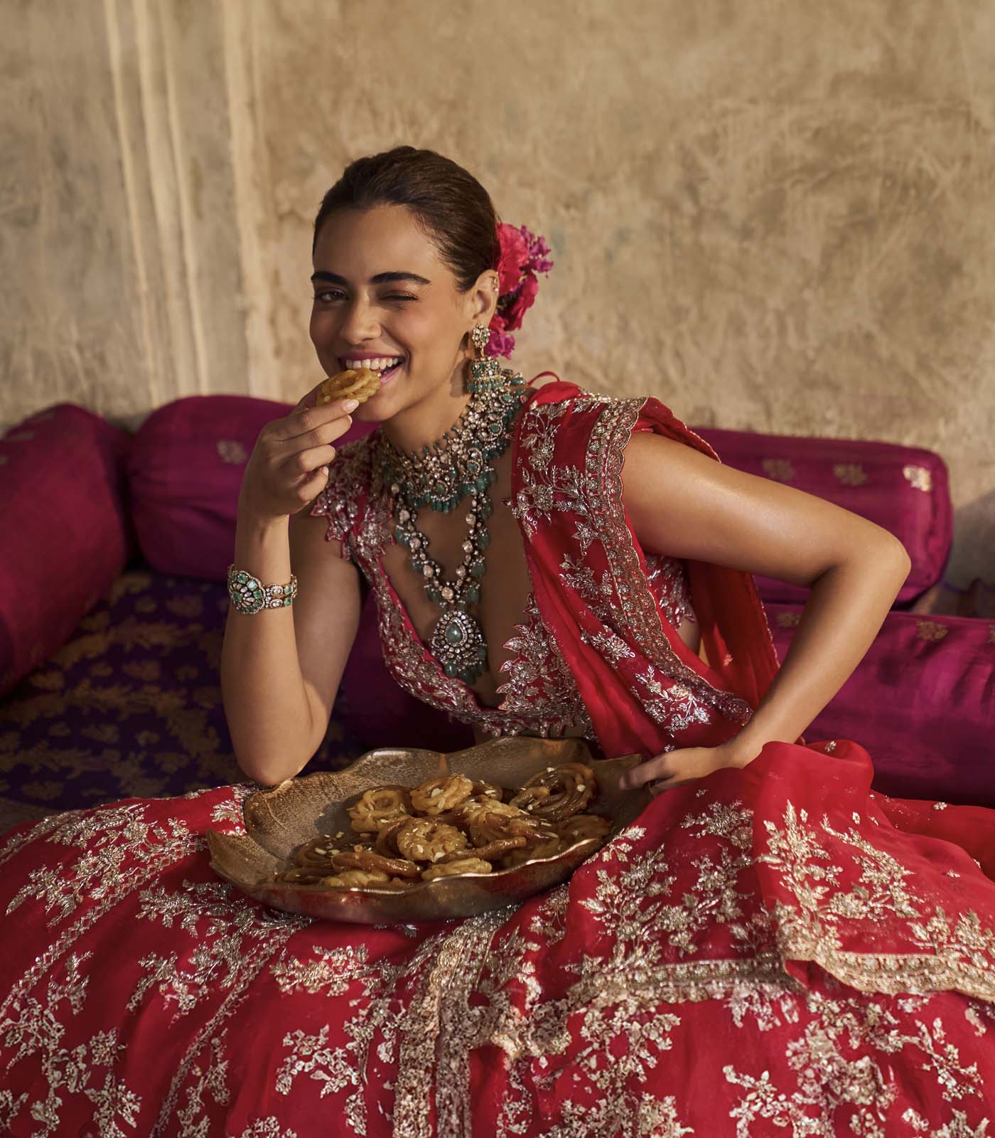 Indian Red Embroidered Organza Bridal Lehenga (3-Piece) - Image 6