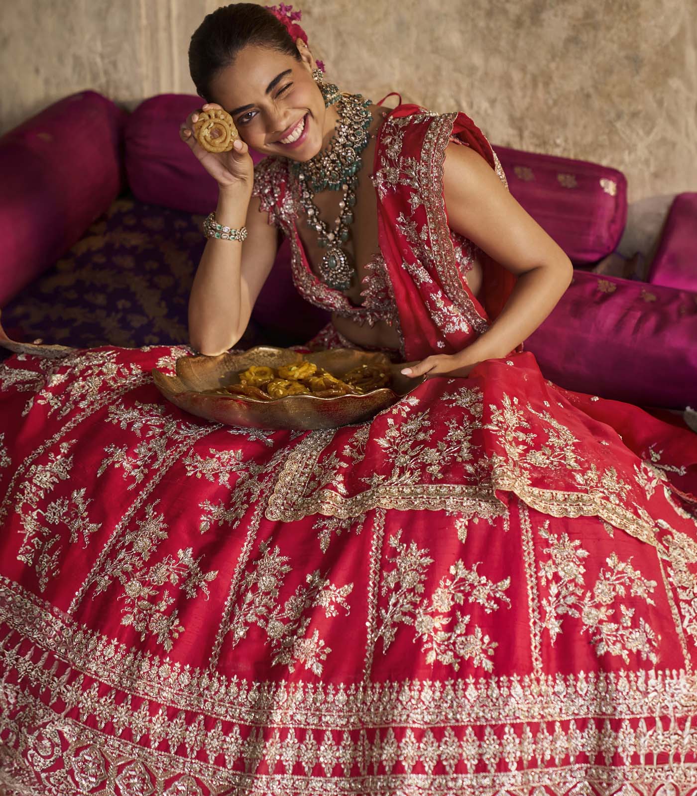 Indian Red Embroidered Organza Bridal Lehenga (3-Piece) - Image 7