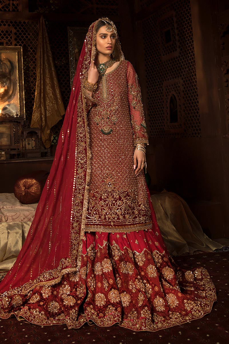 Pakistani Red Hand-Embellished Organza & Jamawar Bridal Lehenga (3-Piece) - Image 1