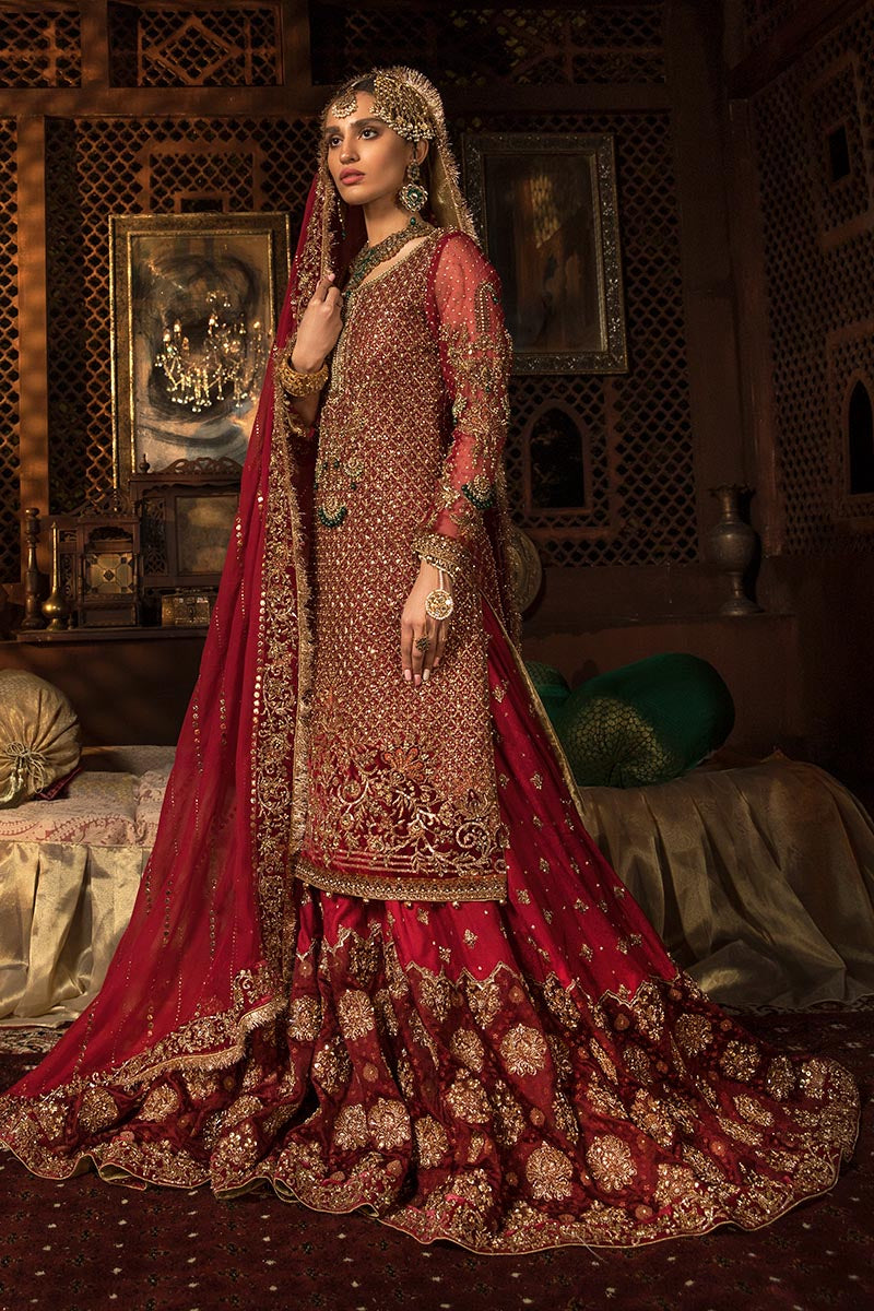 Pakistani Red Hand-Embellished Organza & Jamawar Bridal Lehenga (3-Piece) - Image 2
