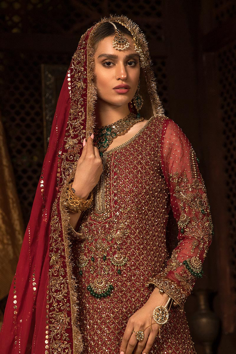 Pakistani Red Hand-Embellished Organza & Jamawar Bridal Lehenga (3-Piece) - Image 3