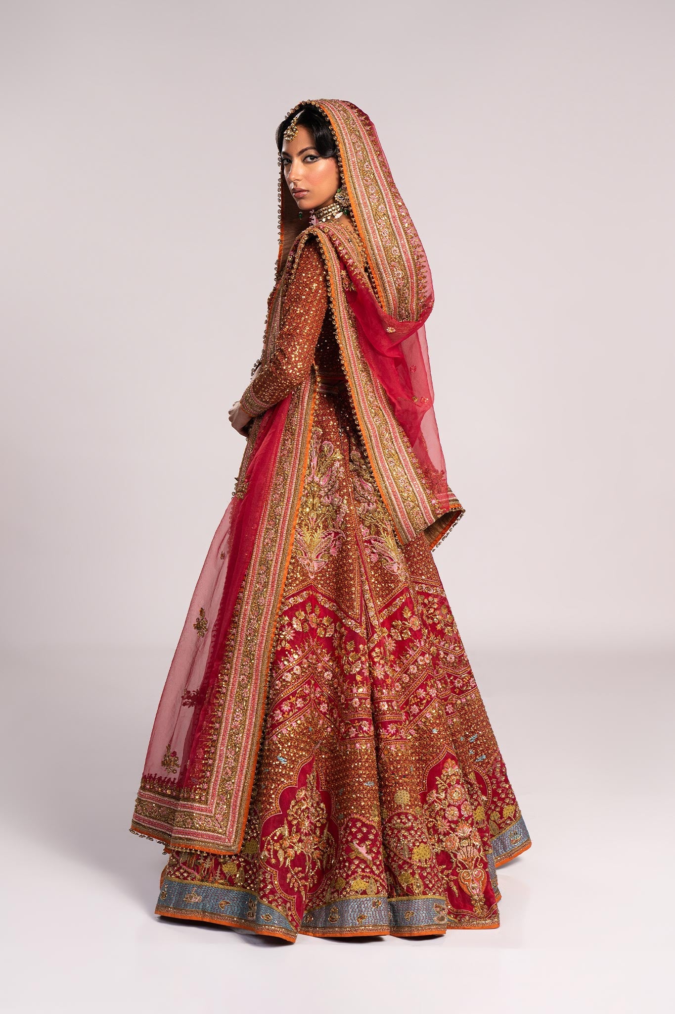 Red Resham Zardozi Organza Lehenga (3-Piece) - Image 12