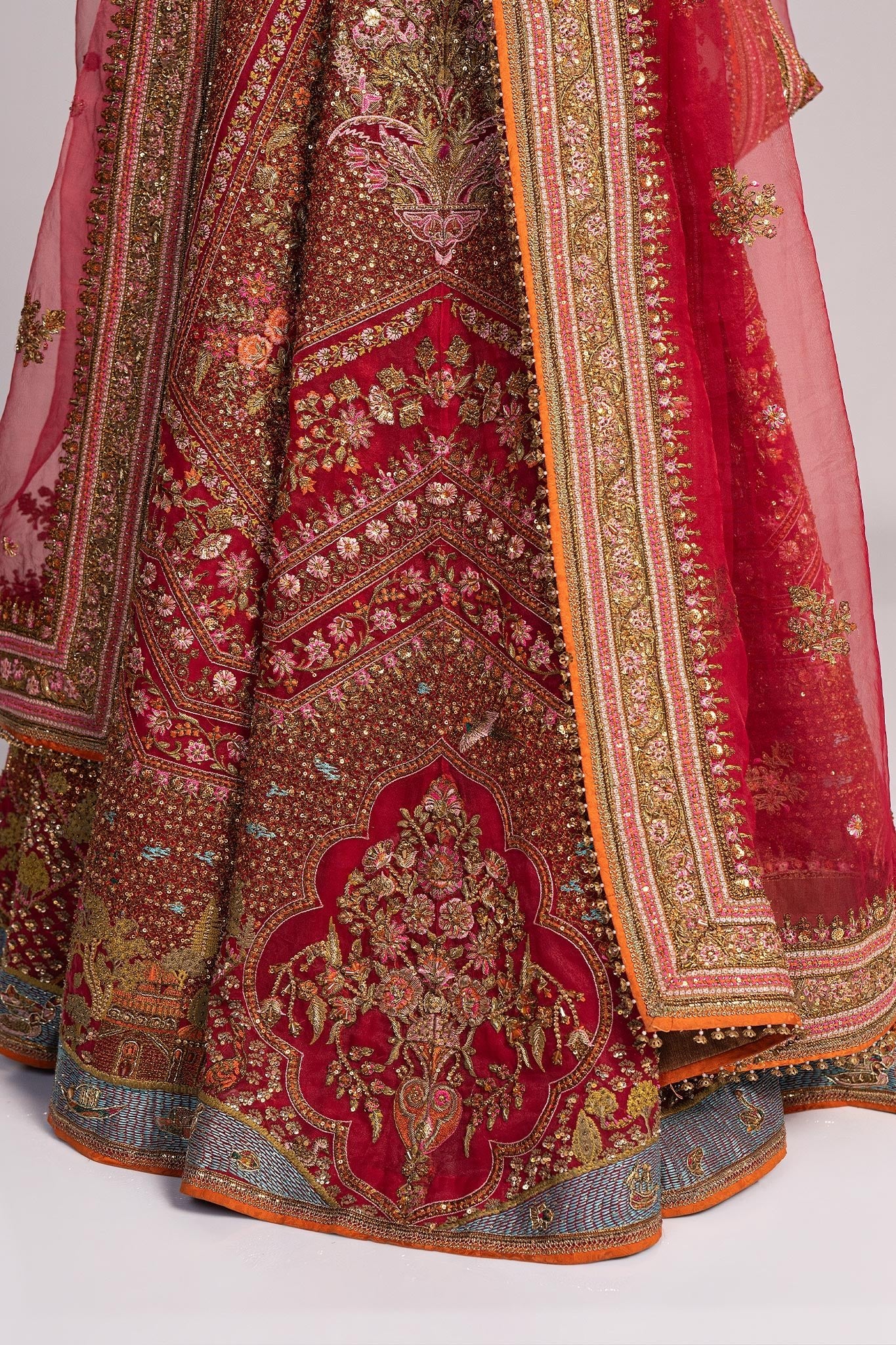 Red Resham Zardozi Organza Lehenga (3-Piece) - Image 14