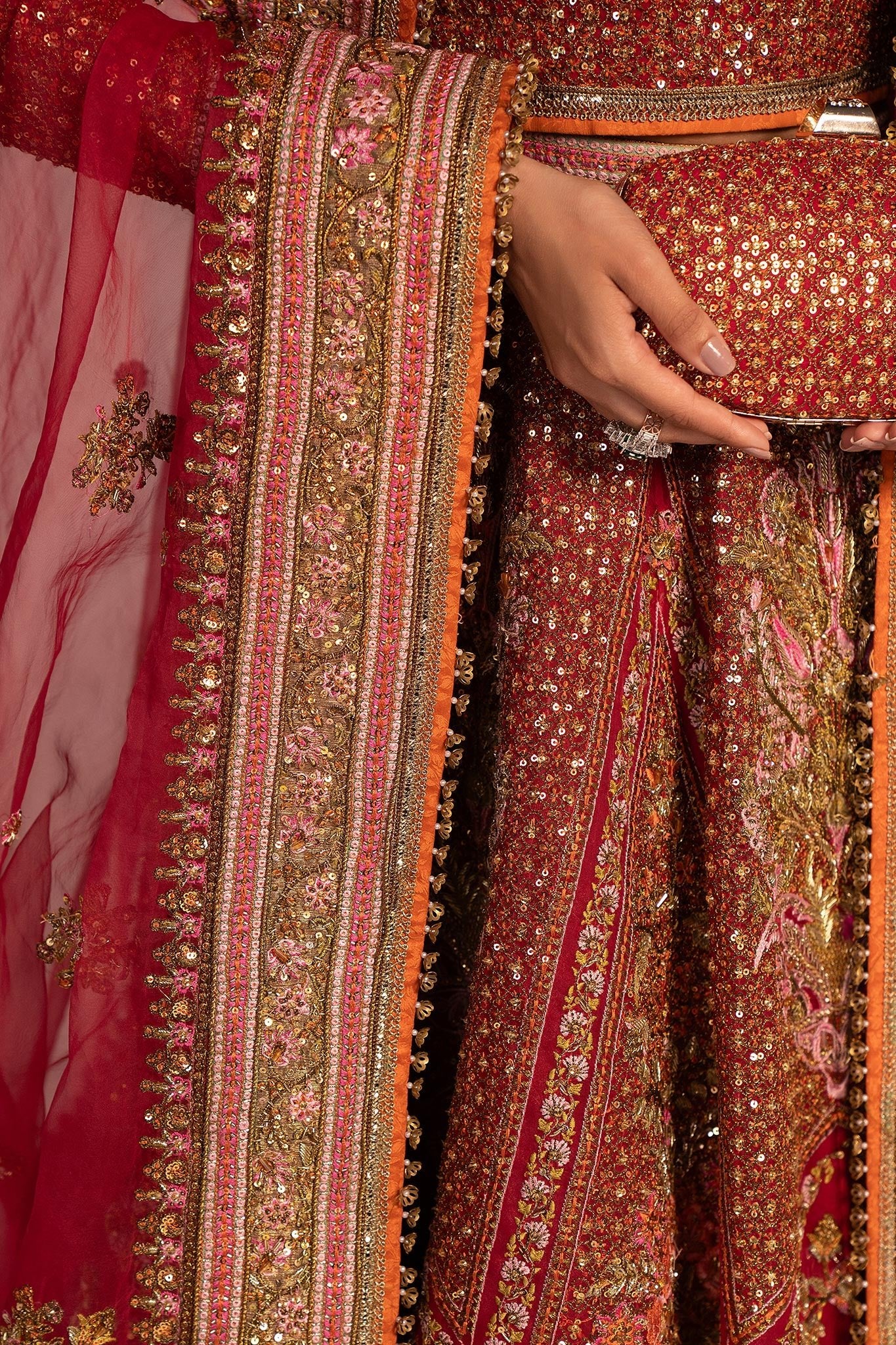 Red Resham Zardozi Organza Lehenga (3-Piece) - Image 15