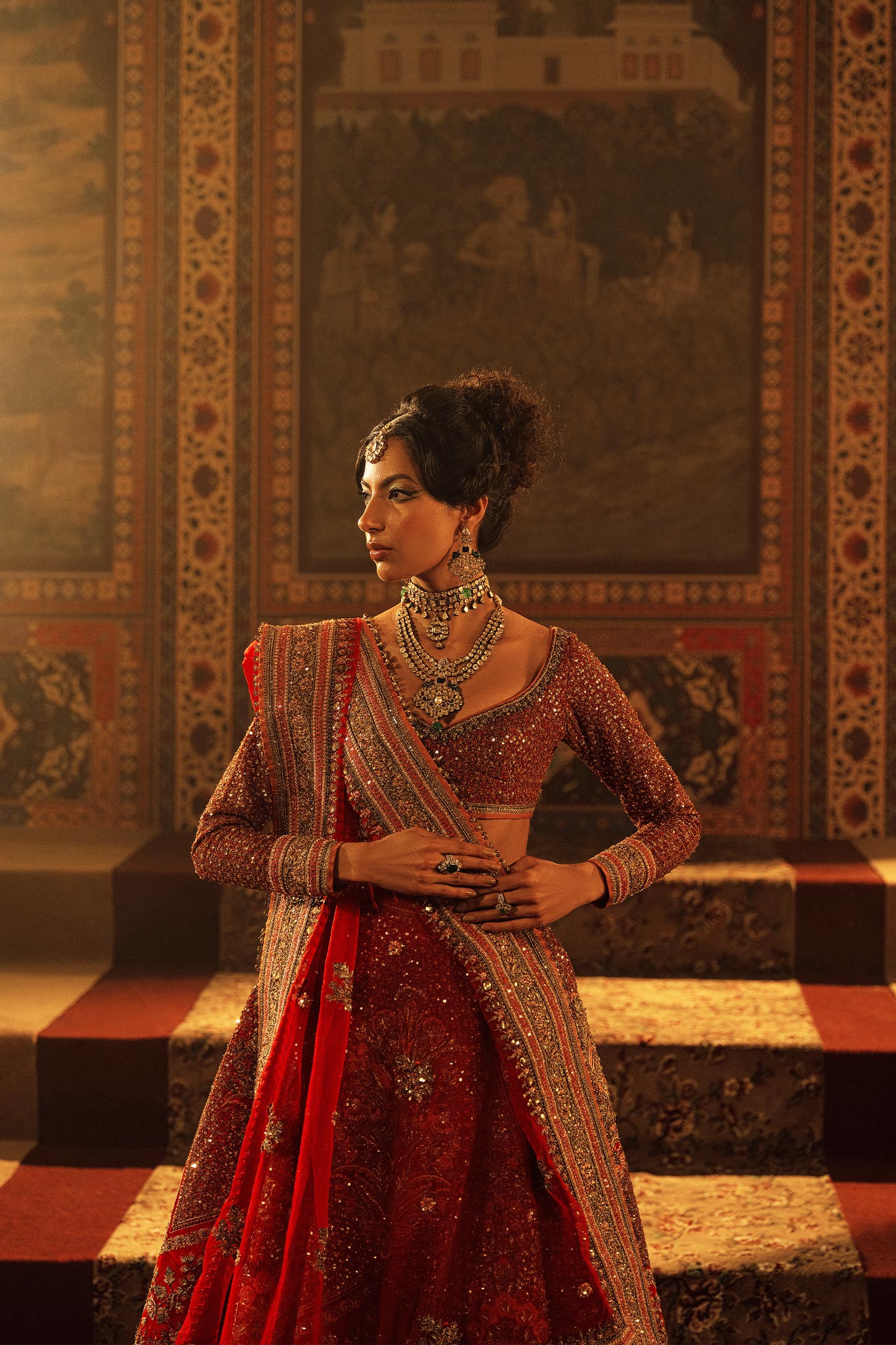 Red Resham Zardozi Organza Lehenga (3-Piece) - Image 5