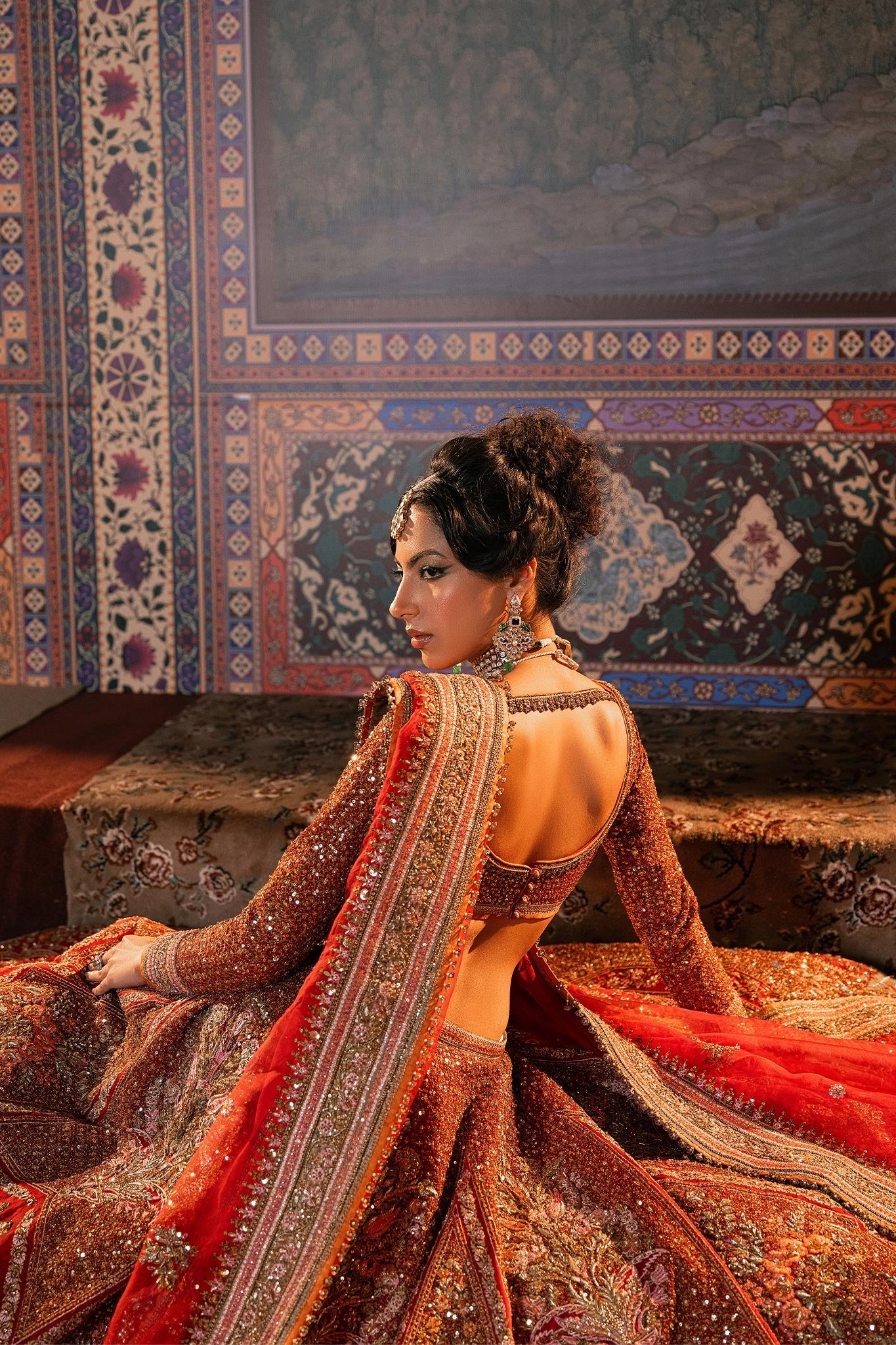 Red Resham Zardozi Organza Lehenga (3-Piece) - Image 6