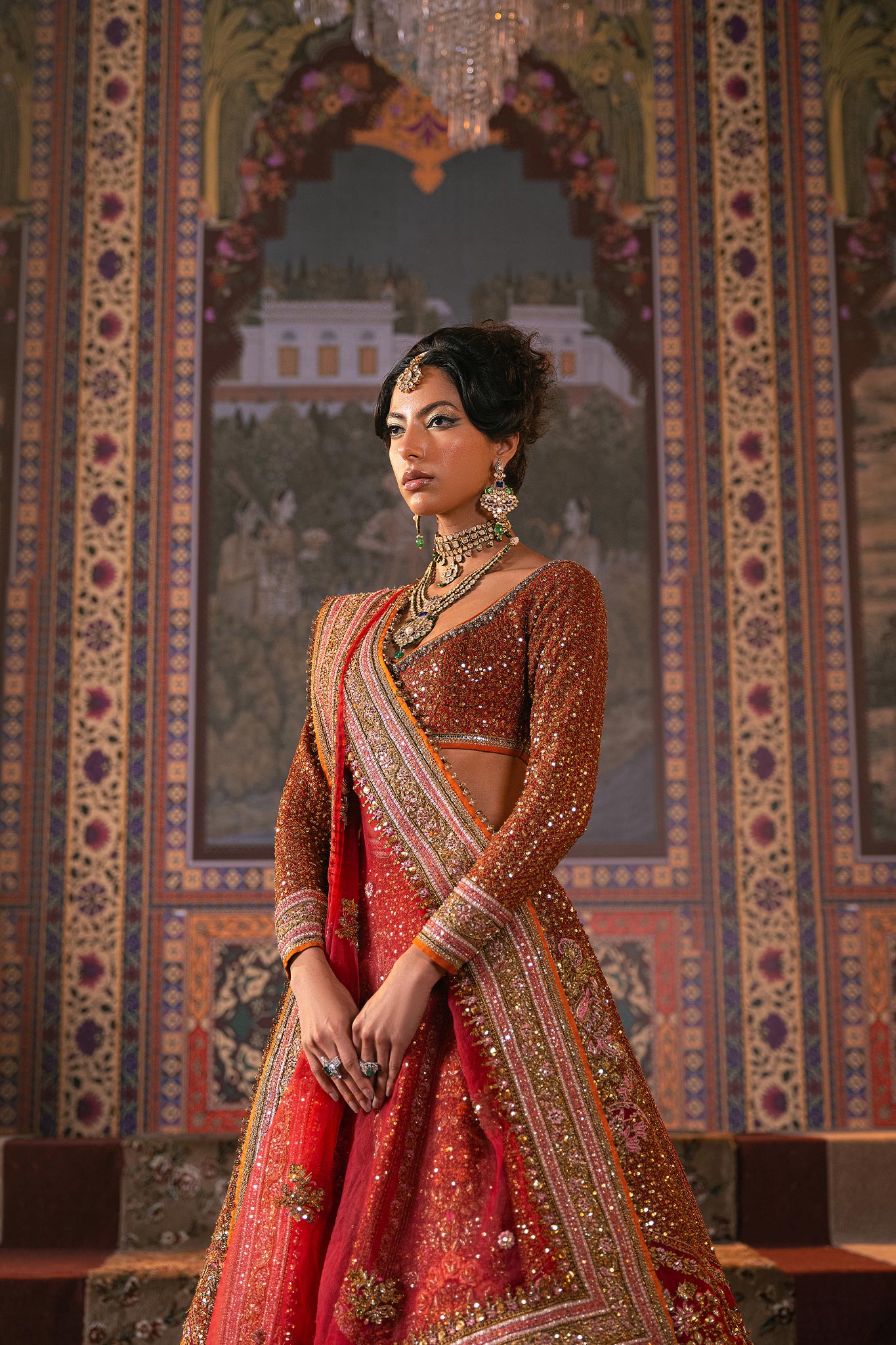 Red Resham Zardozi Organza Lehenga (3-Piece) - Image 8