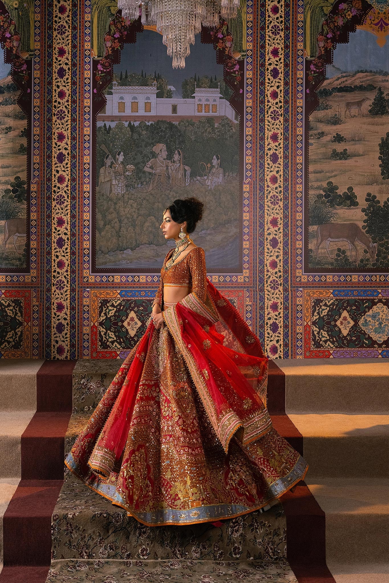 Red Resham Zardozi Organza Lehenga (3-Piece) - Image 9